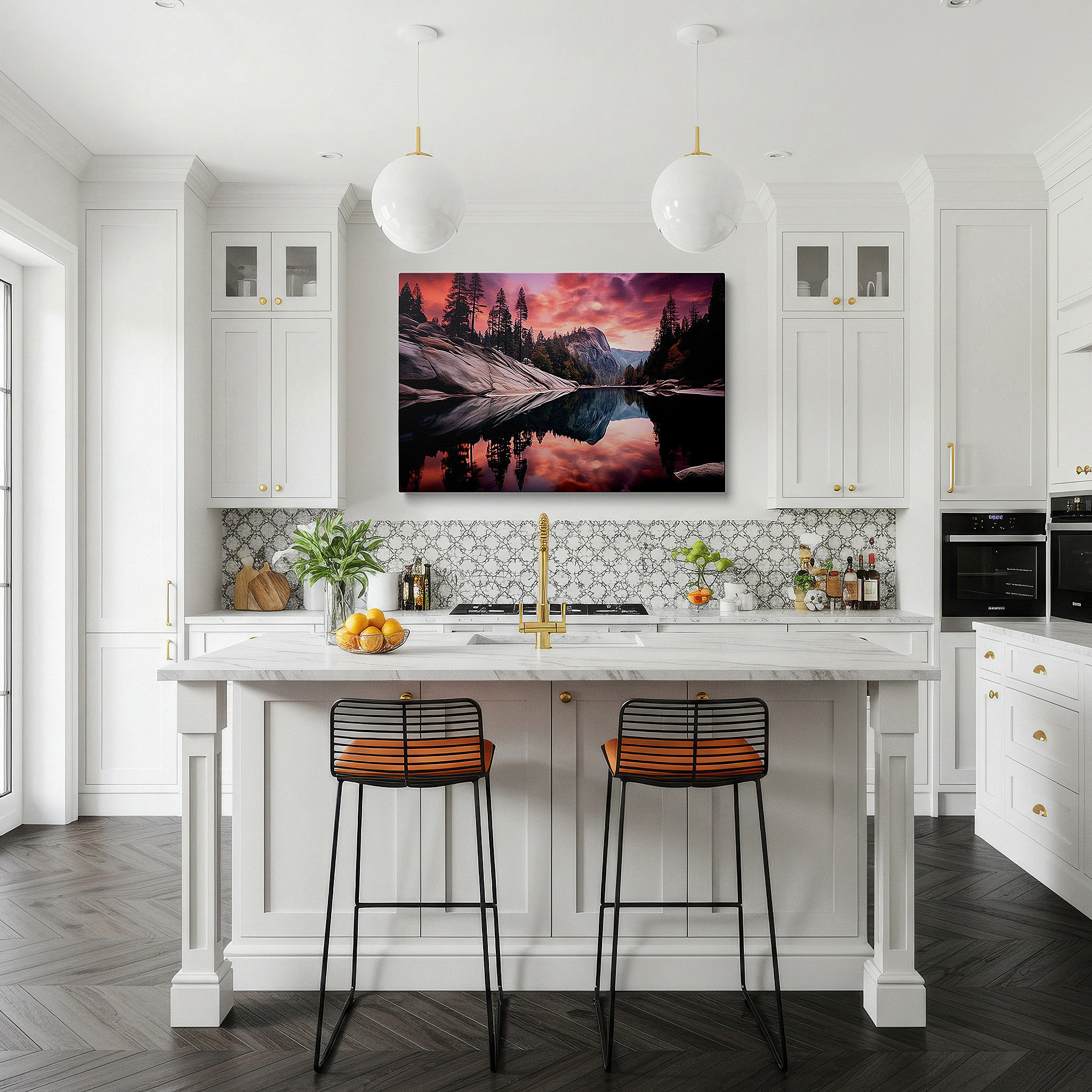Balanced between two tall indoor plants near a window — yosemite valley sunset reflections wall art: featuring granite cliffs & serene waters - large canvas for home and office decor, ideal for living room and bedroom