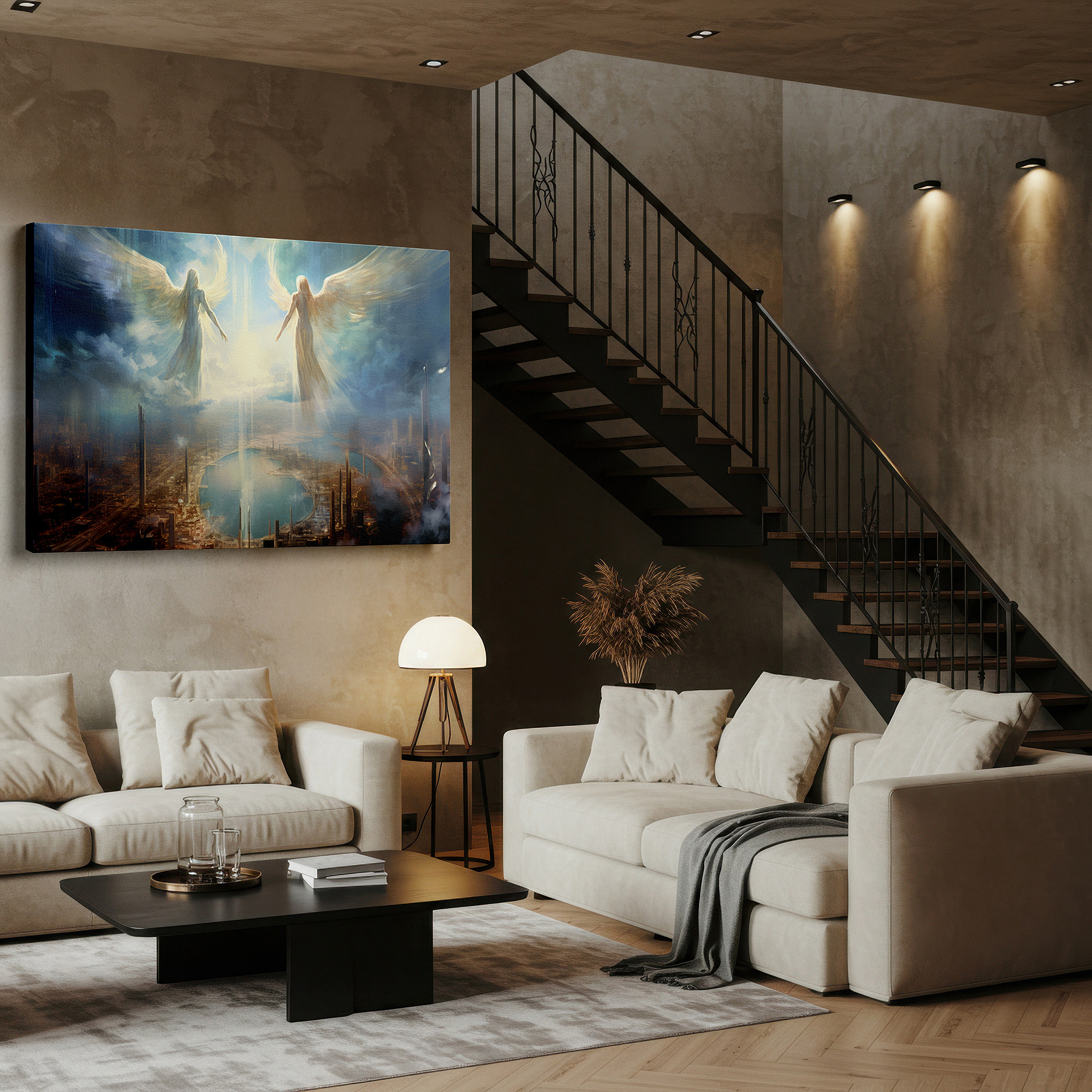 Bathed in morning sunlight streaming through sheer curtains — angelic figures bathed in radiant light above modern cityscape, symbolizing peace and optimism, large wall art, canvas wall art, wall decor for office