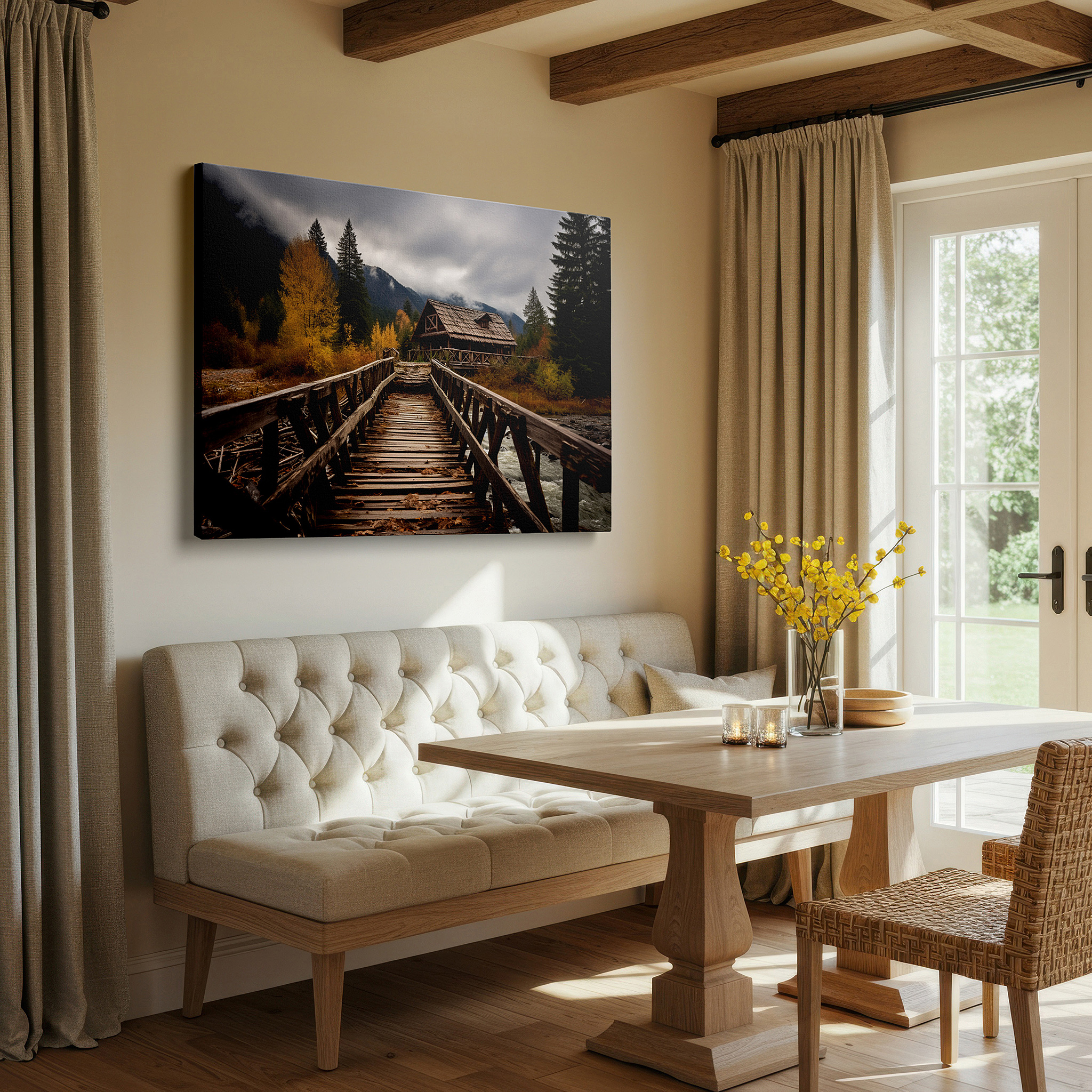 Bathed in morning sunlight streaming through sheer curtains — autumn retreat rustic bridge and cabin canvas print, vibrant foliage and misty mountain peaks wall art, large office decor
