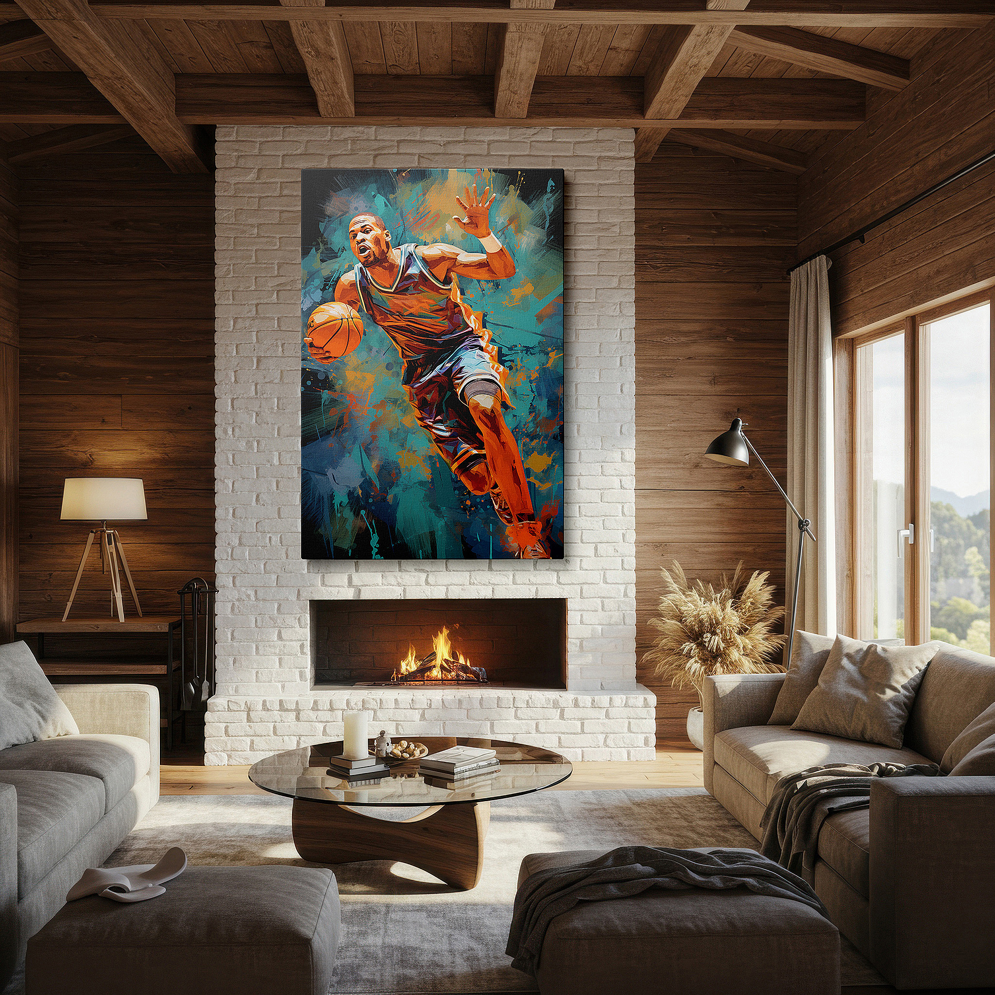 Bathed in morning sunlight streaming through sheer curtains — basketball action wall art: capturing the vibrant energy and athletic skill - ideal for large spaces, canvas prints, home and office decor