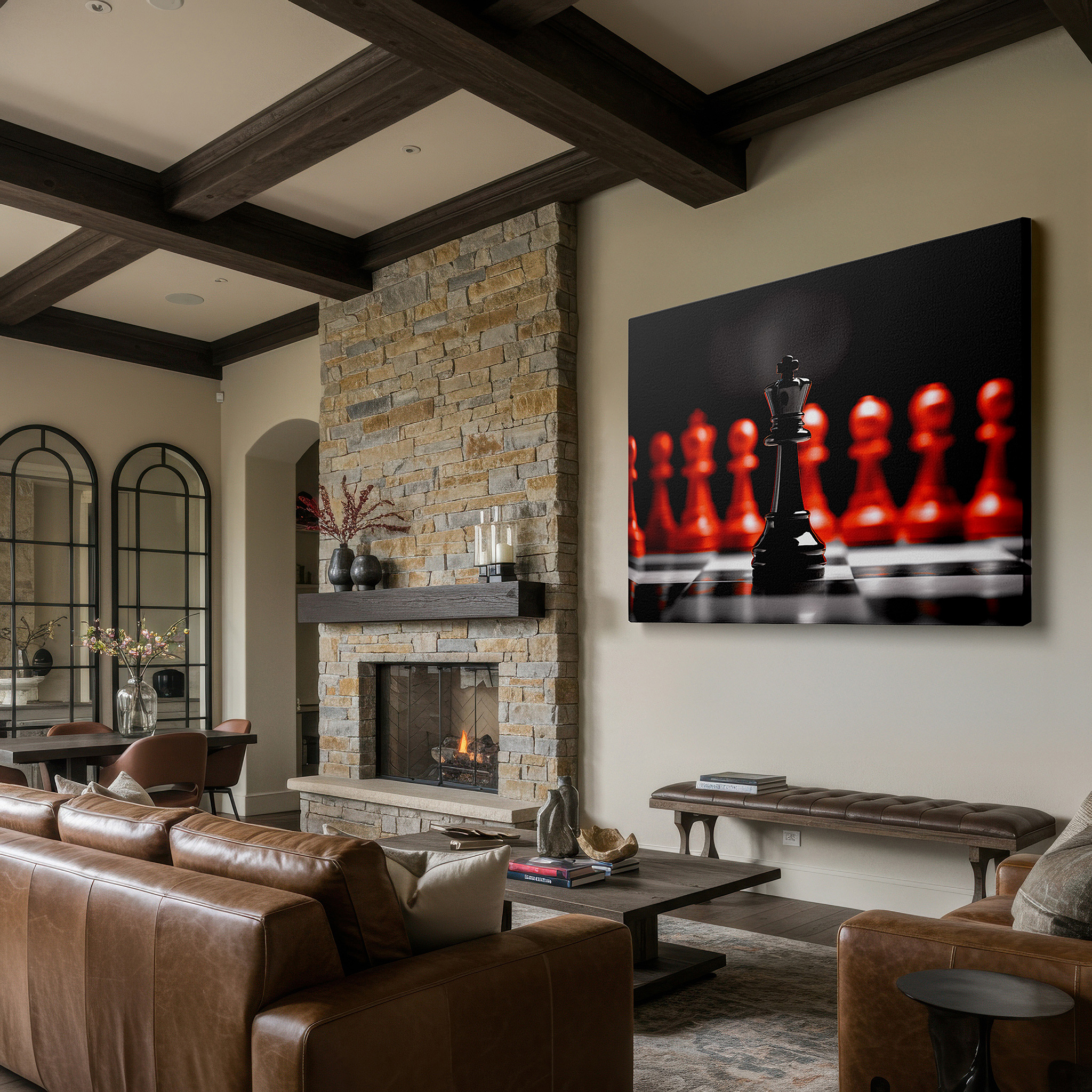 Bathed in morning sunlight streaming through sheer curtains — chess strategy and intellectual mastery wall art featuring a majestic black king and advancing red pawns, large canvas wall art