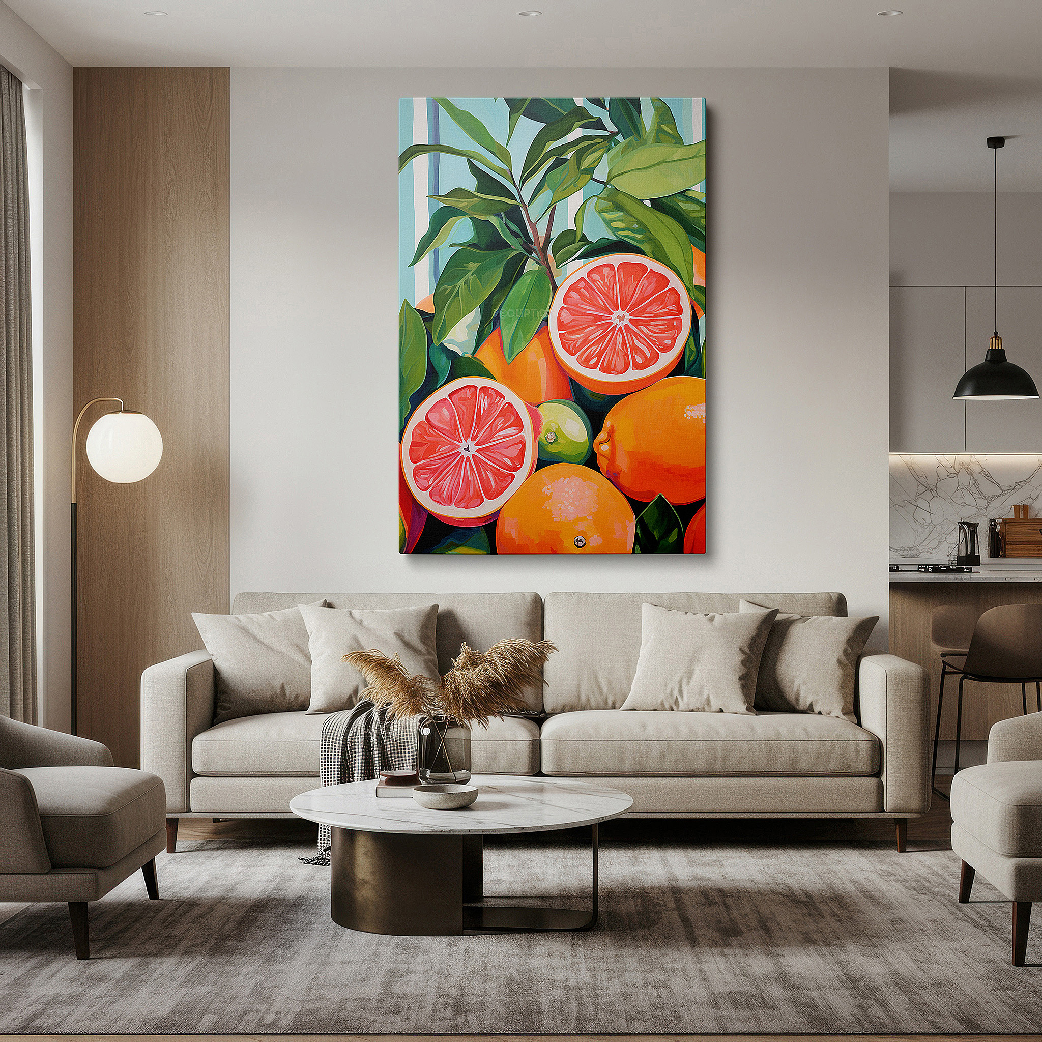Bathed in morning sunlight streaming through sheer curtains — citrus splendor amidst greenery: a vibrant display of oranges and grapefruits - large canvas wall art for home and office decor