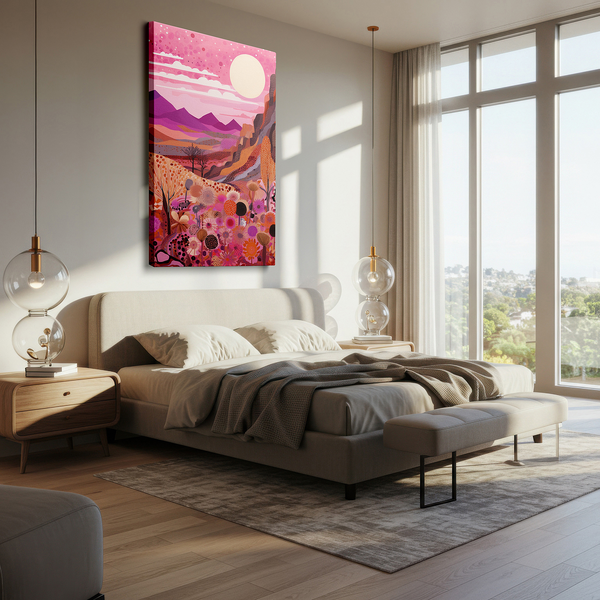 Bathed in morning sunlight streaming through sheer curtains — desert sunset: a vibrant fusion of realism and fantasy - large canvas wall art for office and bedroom decor