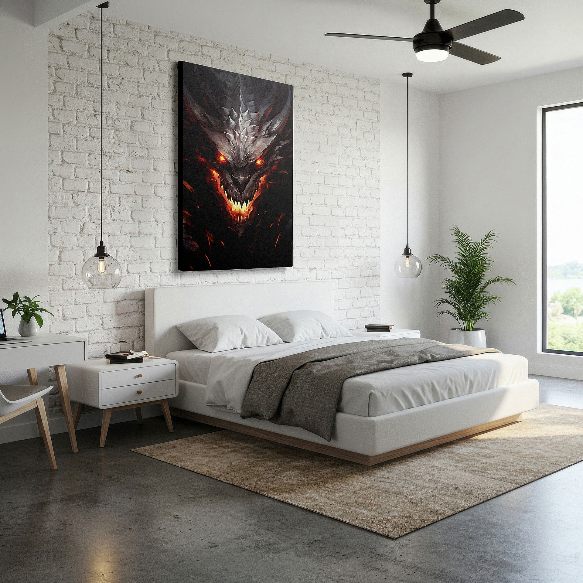 Bathed in morning sunlight streaming through sheer curtains — dragon's majesty wall art: vibrant colors depicting power and