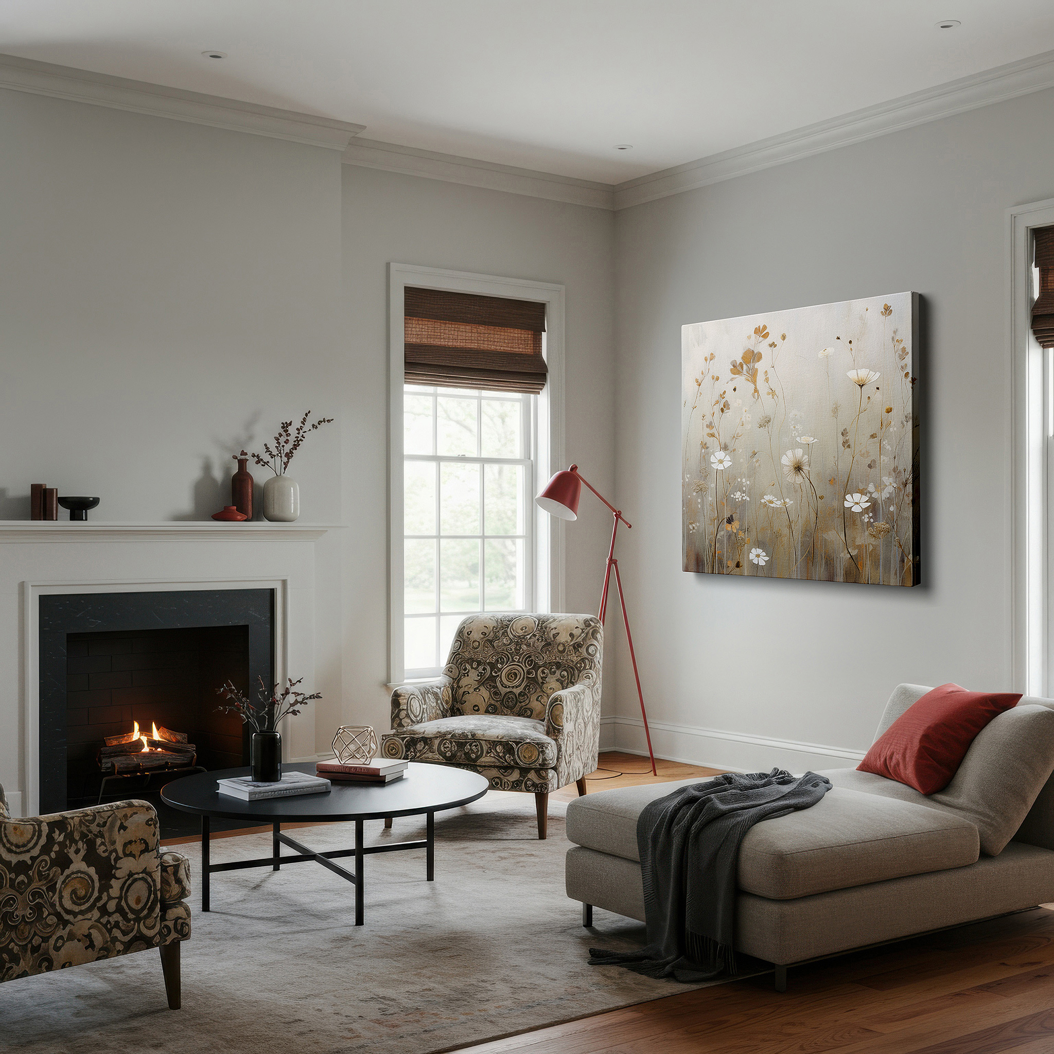 Bathed in morning sunlight streaming through sheer curtains — dreamlike wildflowers: a tranquil canvas of nature's fleeting beauty - large wall art for home and office decor