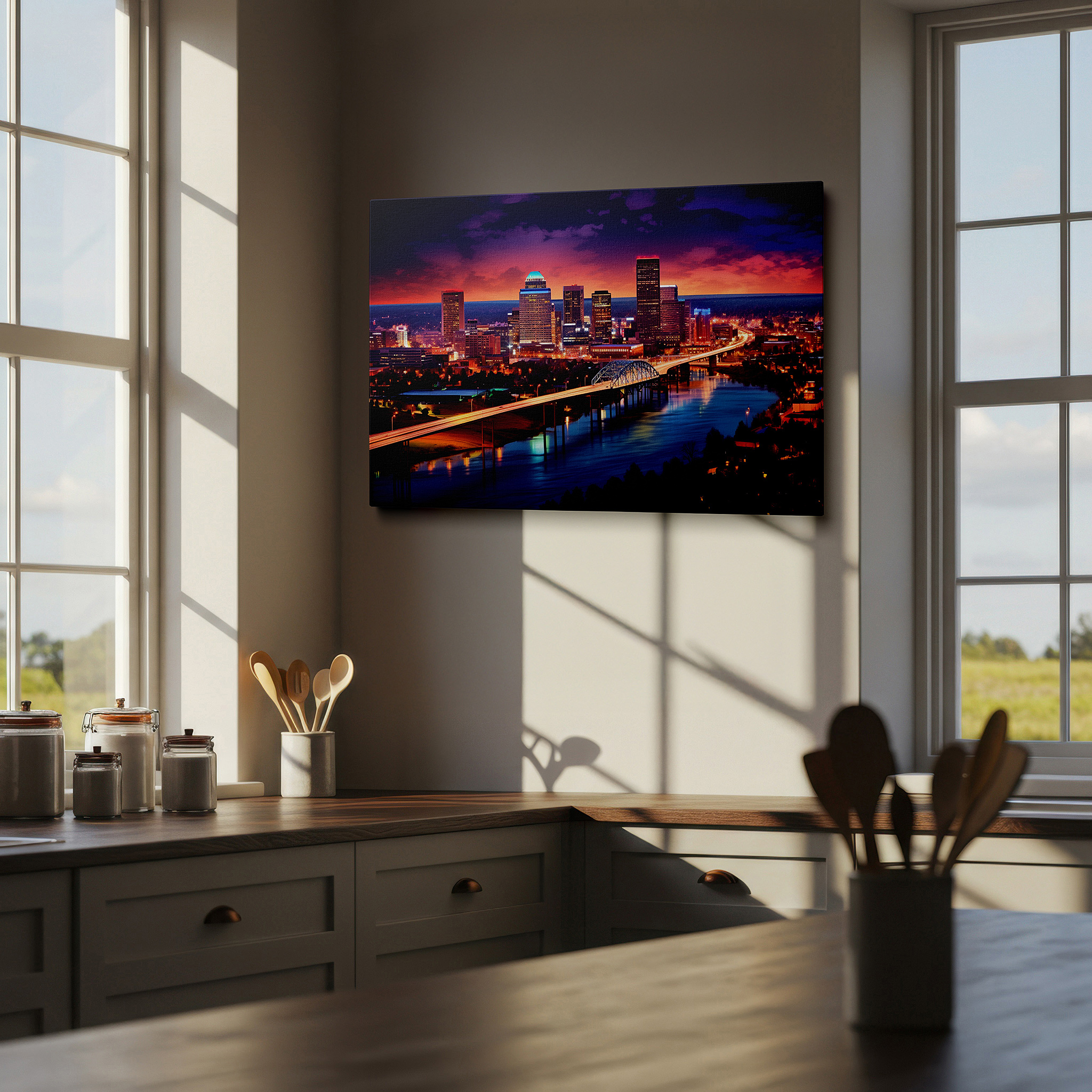 Bathed in morning sunlight streaming through sheer curtains — dusk in the vibrant city: illumination, architecture, and urban vitality - large canvas wall art for office and bedroom decor