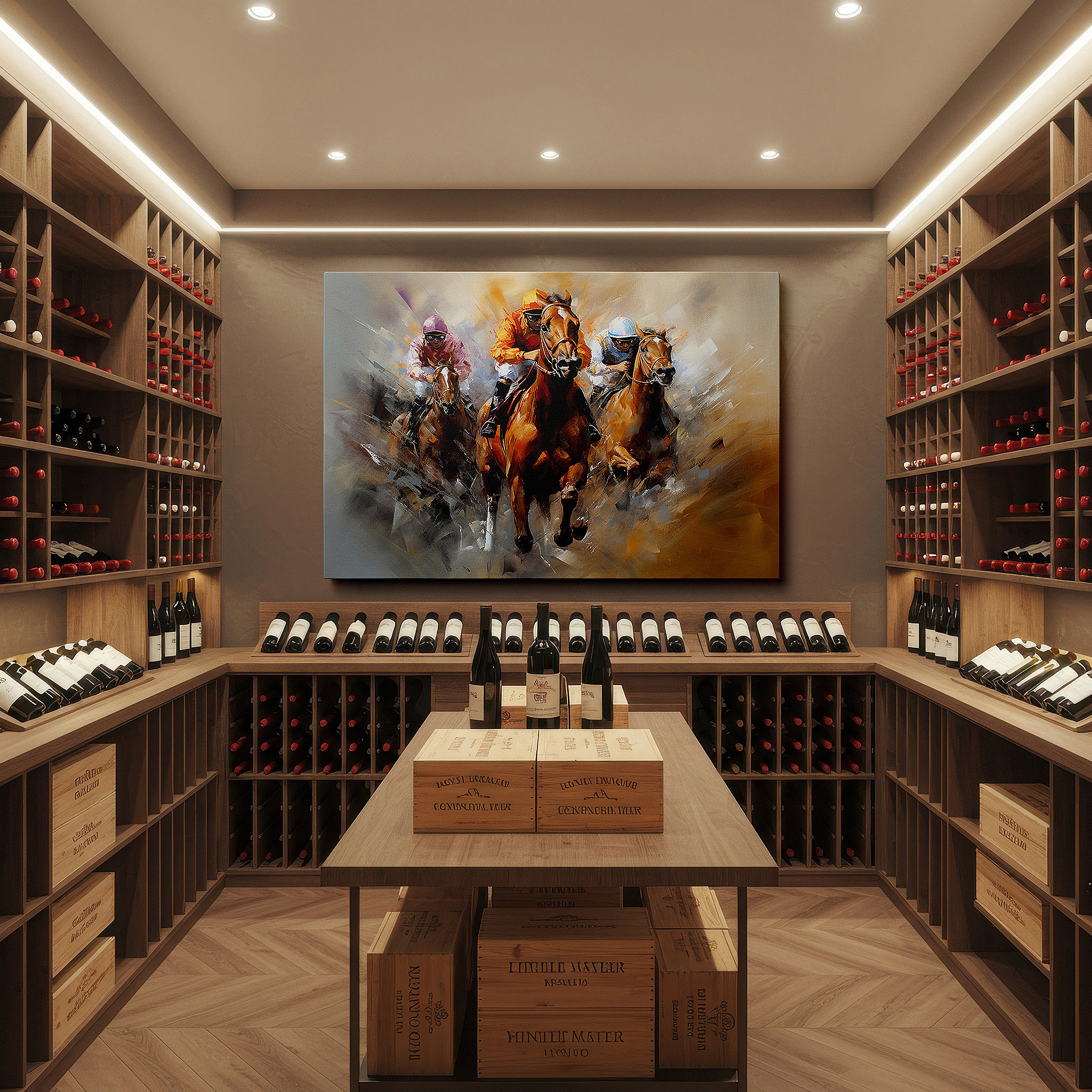 Bathed in morning sunlight streaming through sheer curtains — dynamic horse racing canvas: showcasing competition and energy, ideal for office, living room, or bedroom decor