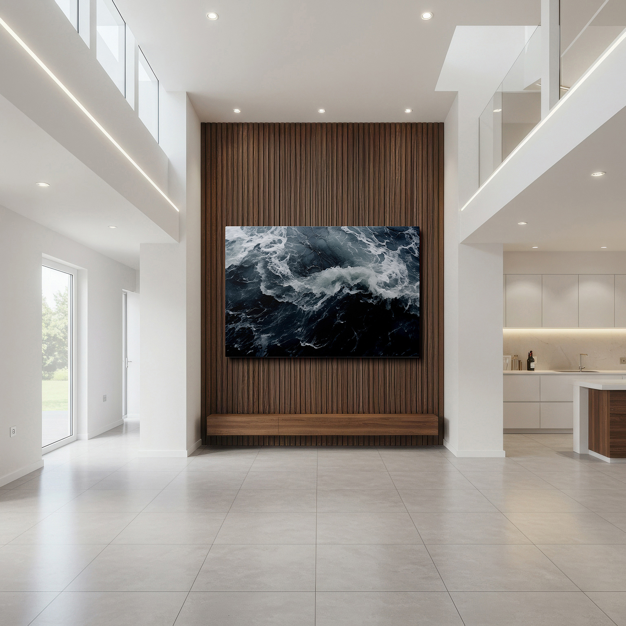 Bathed in morning sunlight streaming through sheer curtains — dynamic ocean majesty: tranquil yet powerful waves colliding - large canvas wall art for office decor