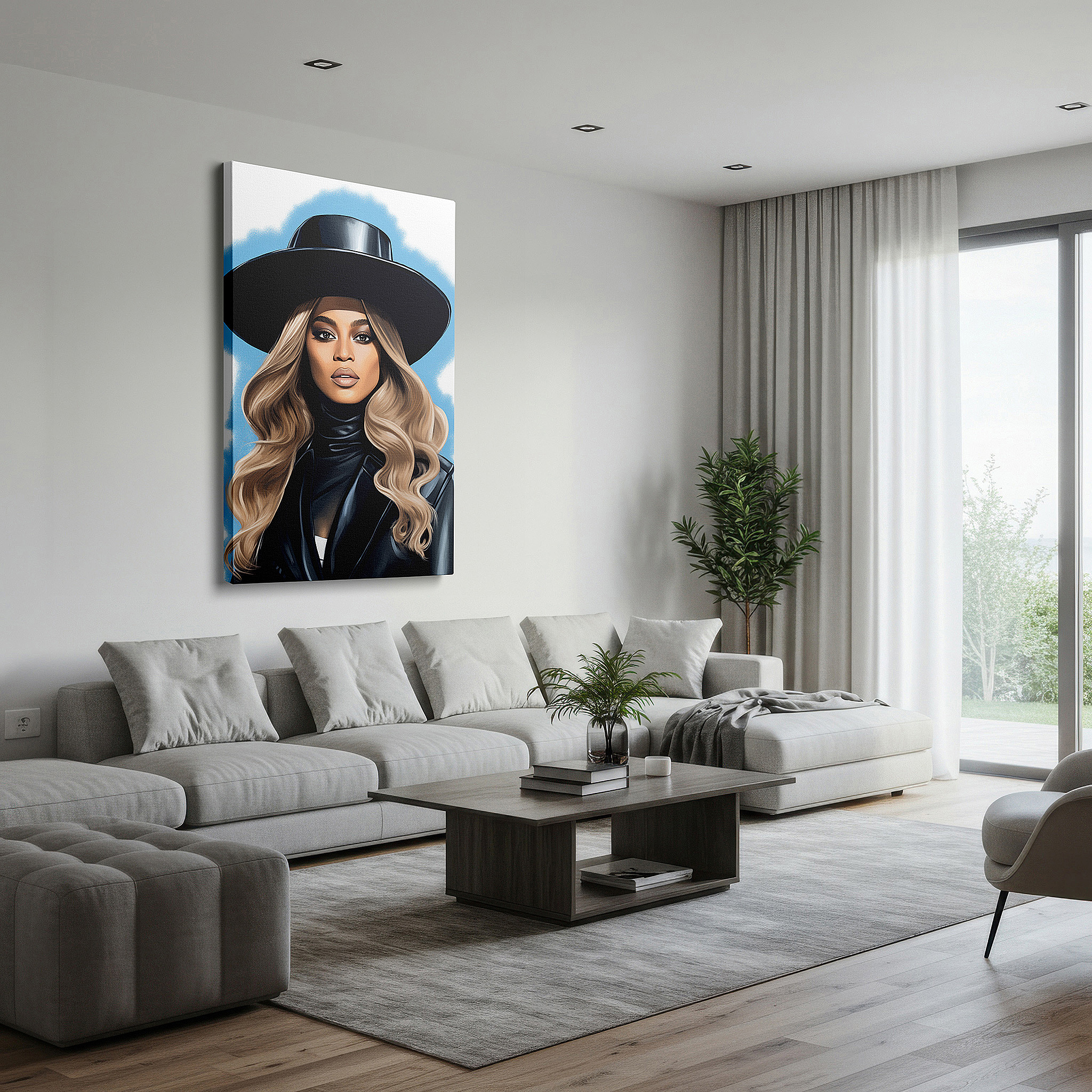 Bathed in morning sunlight streaming through sheer curtains — elegant and confident modern woman with a striking black hat - large canvas wall art for stylish office decor