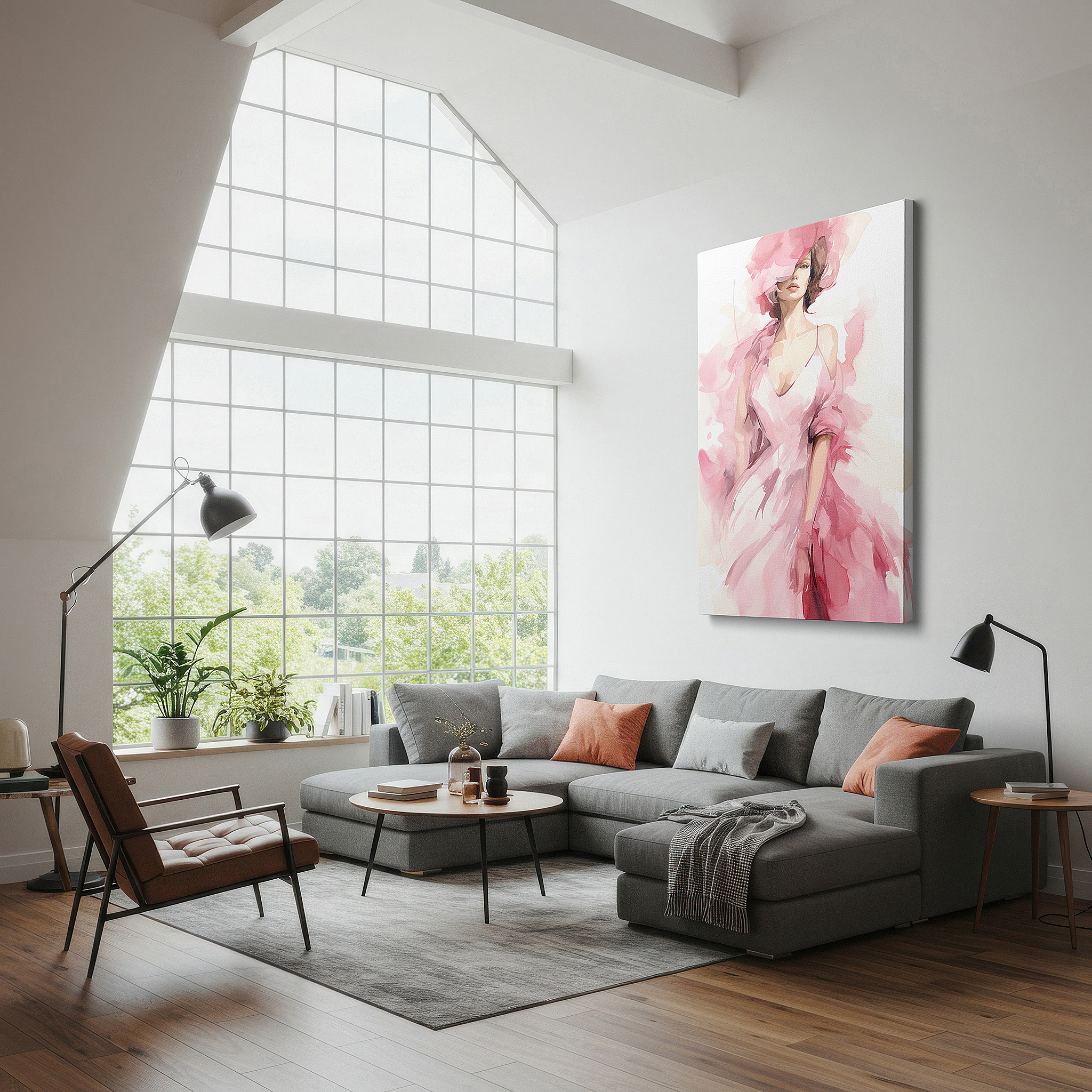 Bathed in morning sunlight streaming through sheer curtains — elegant contemporary feminine style with a flowing pink gown large wall art, canvas wall art, wall decor for office, bedroom, and living room