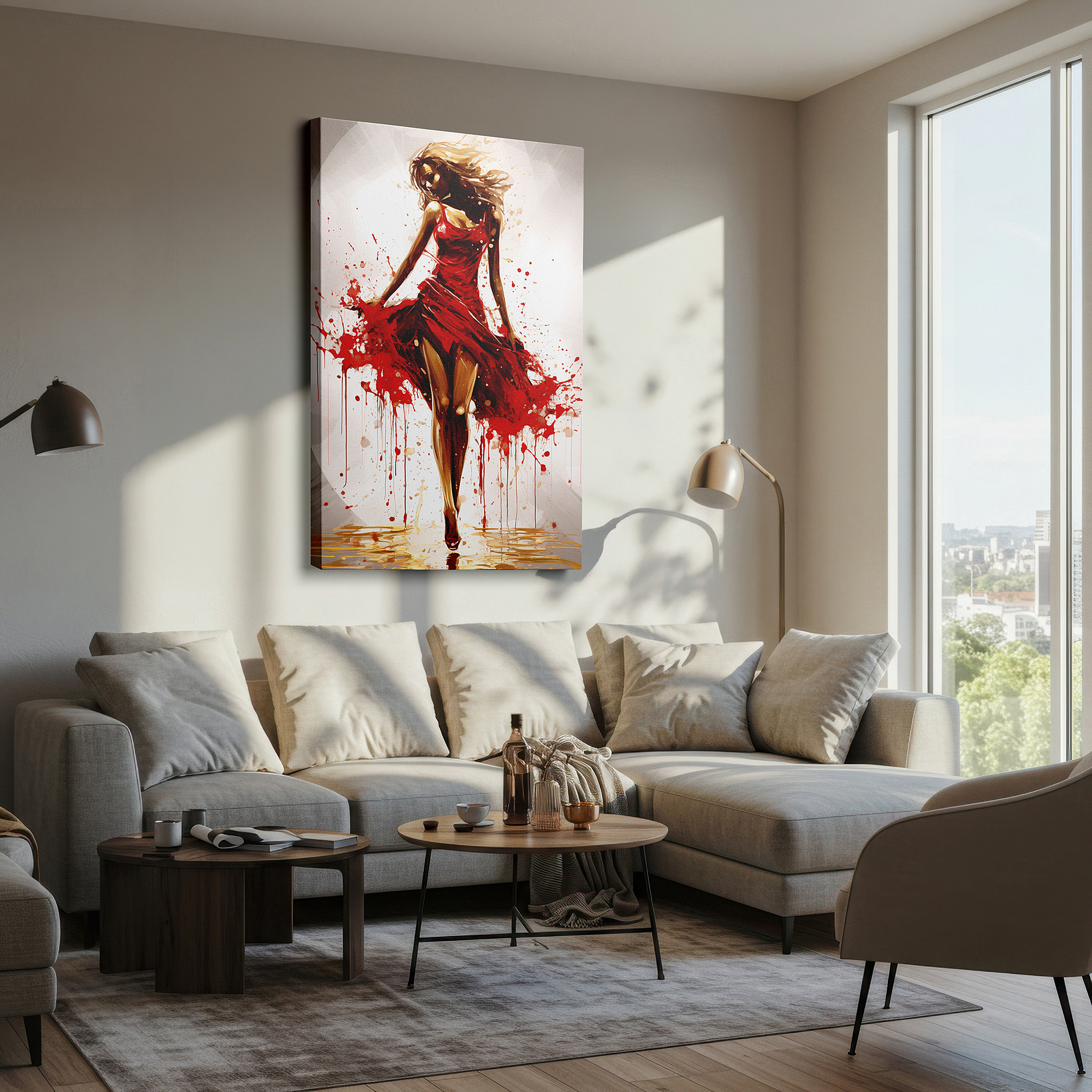 Bathed in morning sunlight streaming through sheer curtains — elegant red captivation: a symbol of feminine strength and creative energy - large wall art, canvas wall art, wall decor for office and bedroom