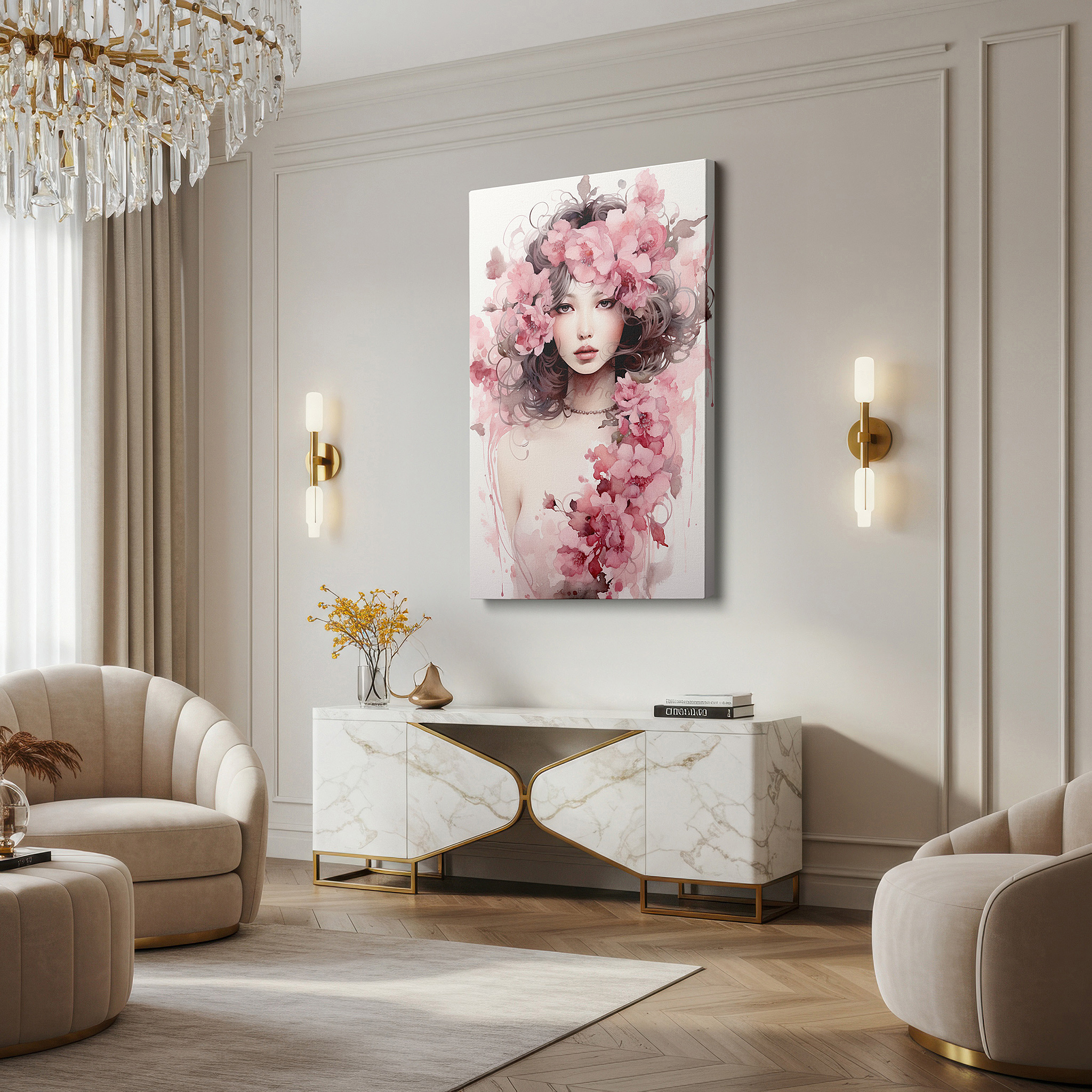 Bathed in morning sunlight streaming through sheer curtains — elegant woman adorned with pink floral crown, silky hair cascading like a waterfall - large canvas wall art for office and bedroom decor