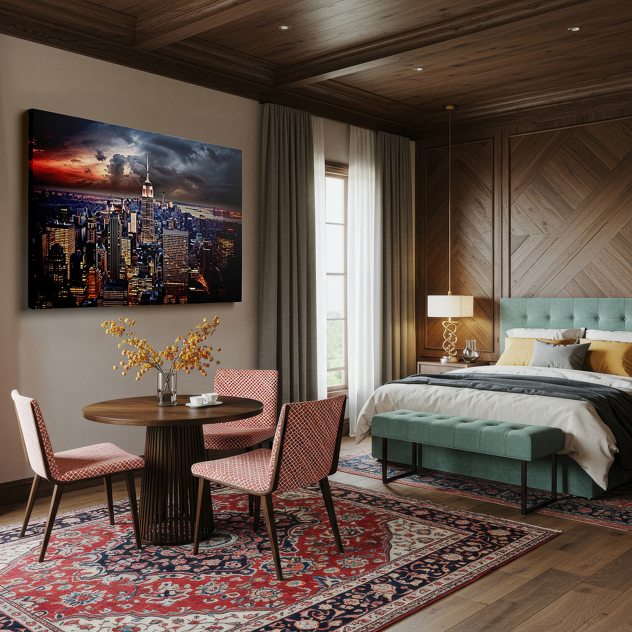 Bathed in morning sunlight streaming through sheer curtains — empire state building at dusk: vibrant aerial view of new york city's twilight - large wall art, canvas wall art, office wall decor