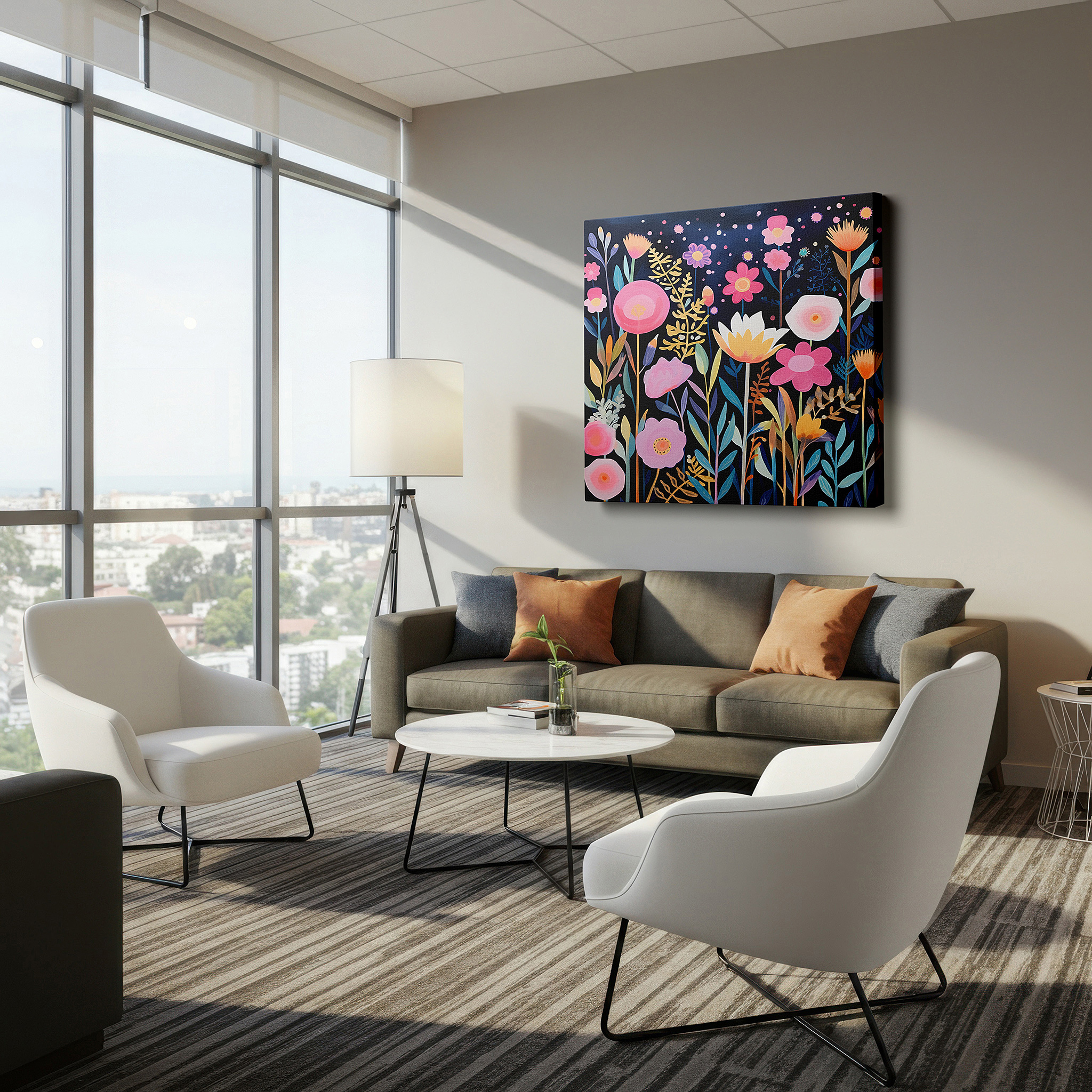Bathed in morning sunlight streaming through sheer curtains — enchanted garden featuring vivid pinks, bright yellows, and pure whites - large canvas wall art for home and office decor