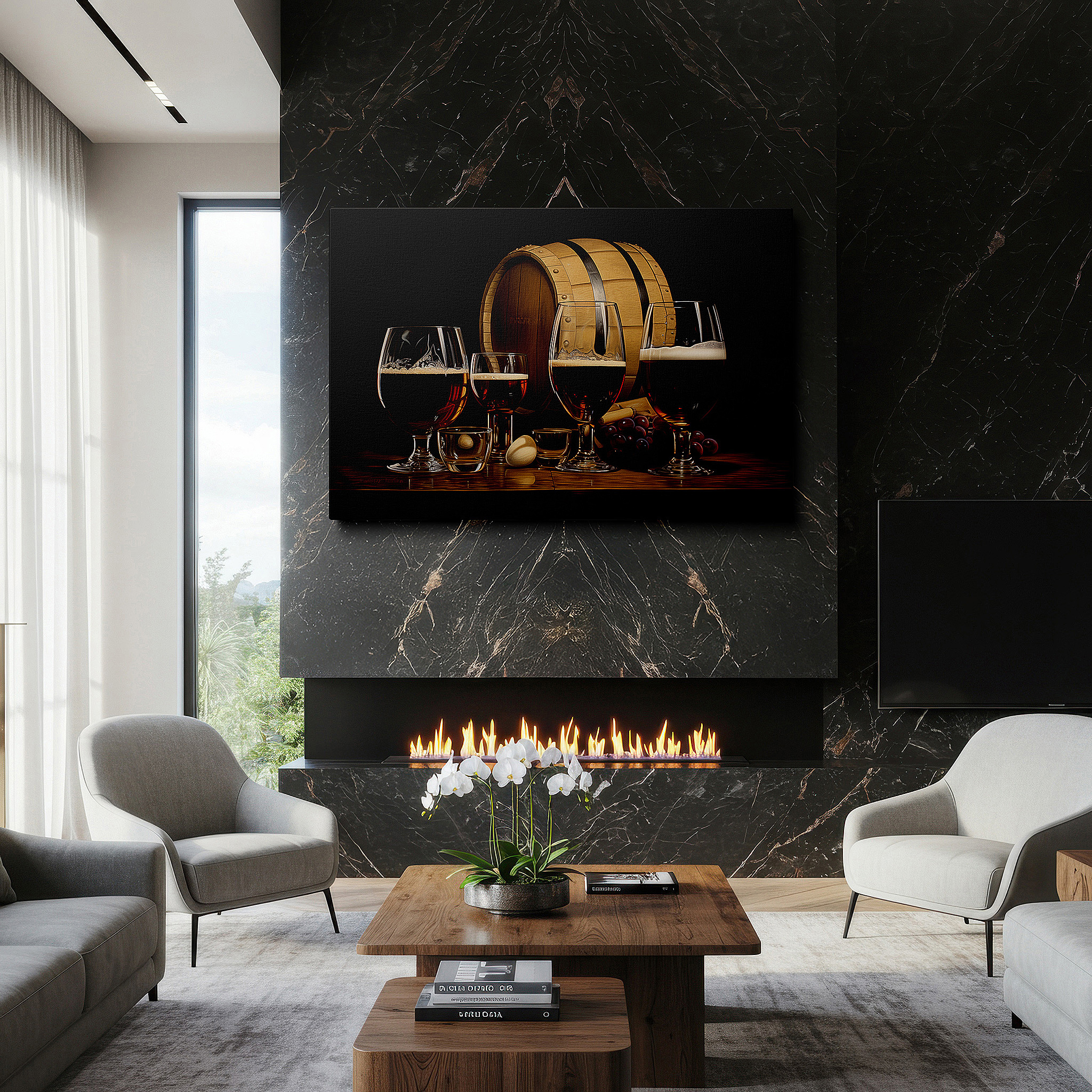Bathed in morning sunlight streaming through sheer curtains — enjoying exquisite drinks and cozy times with rustic elegance and crafted details - large wall art, canvas wall art, wall decor, office wall art