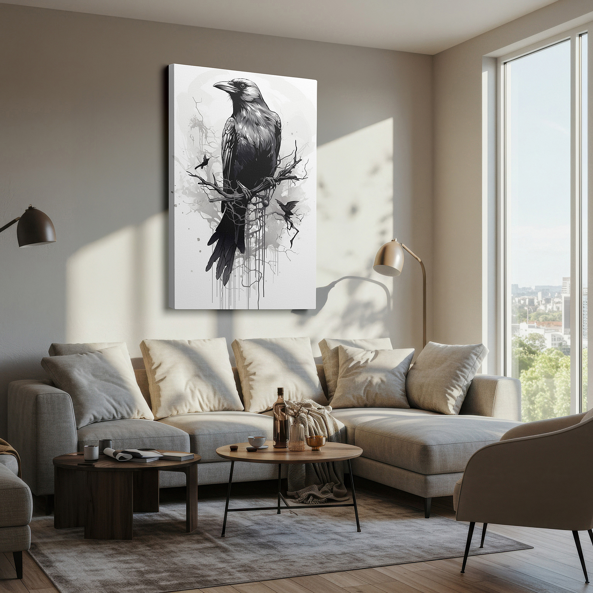 Bathed in morning sunlight streaming through sheer curtains — exquisite black and white illustration of a detailed bird perched elegantly - large wall art, canvas wall art, wall decor for office
