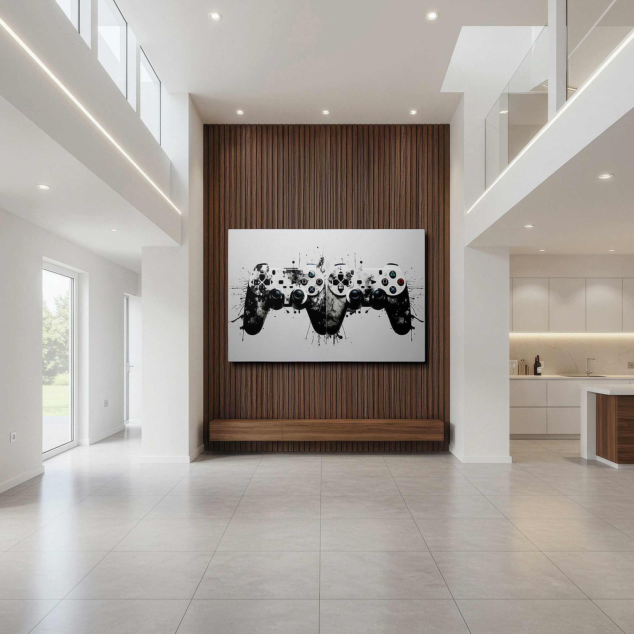 Bathed in morning sunlight streaming through sheer curtains — gaming controllers splatter-paint wall art: celebrating art and technology - large canvas for office decor