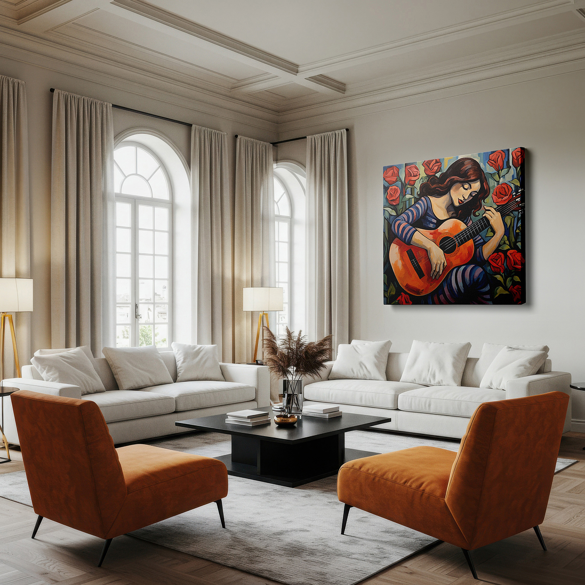 Bathed in morning sunlight streaming through sheer curtains — girl with guitar amidst blossoming roses, nature and music symphony large wall art, canvas wall decor, office and bedroom wall art