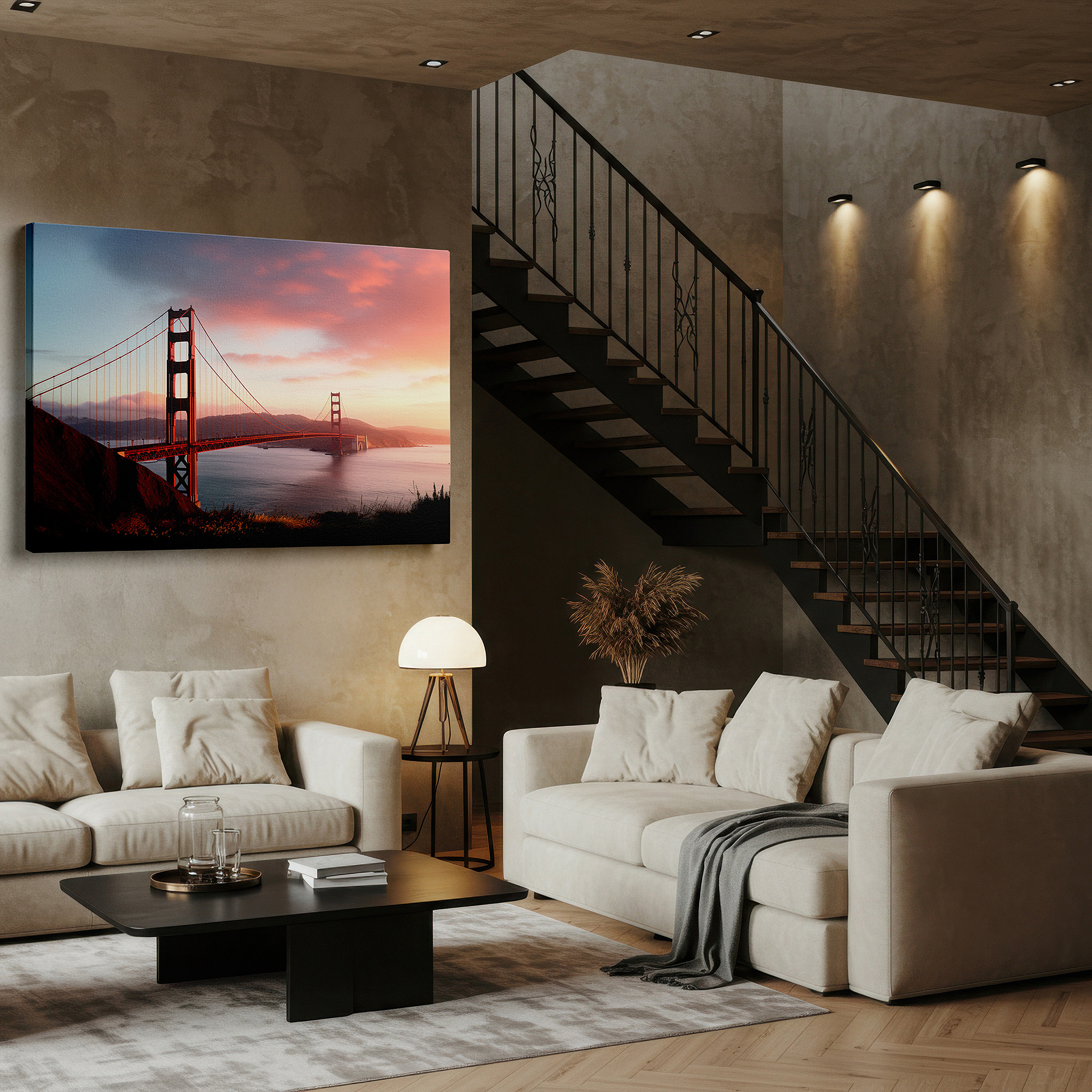 Bathed in morning sunlight streaming through sheer curtains — golden gate bridge at sunset: a stunning display of san francisco's iconic beauty - large canvas wall art for home and office decor
