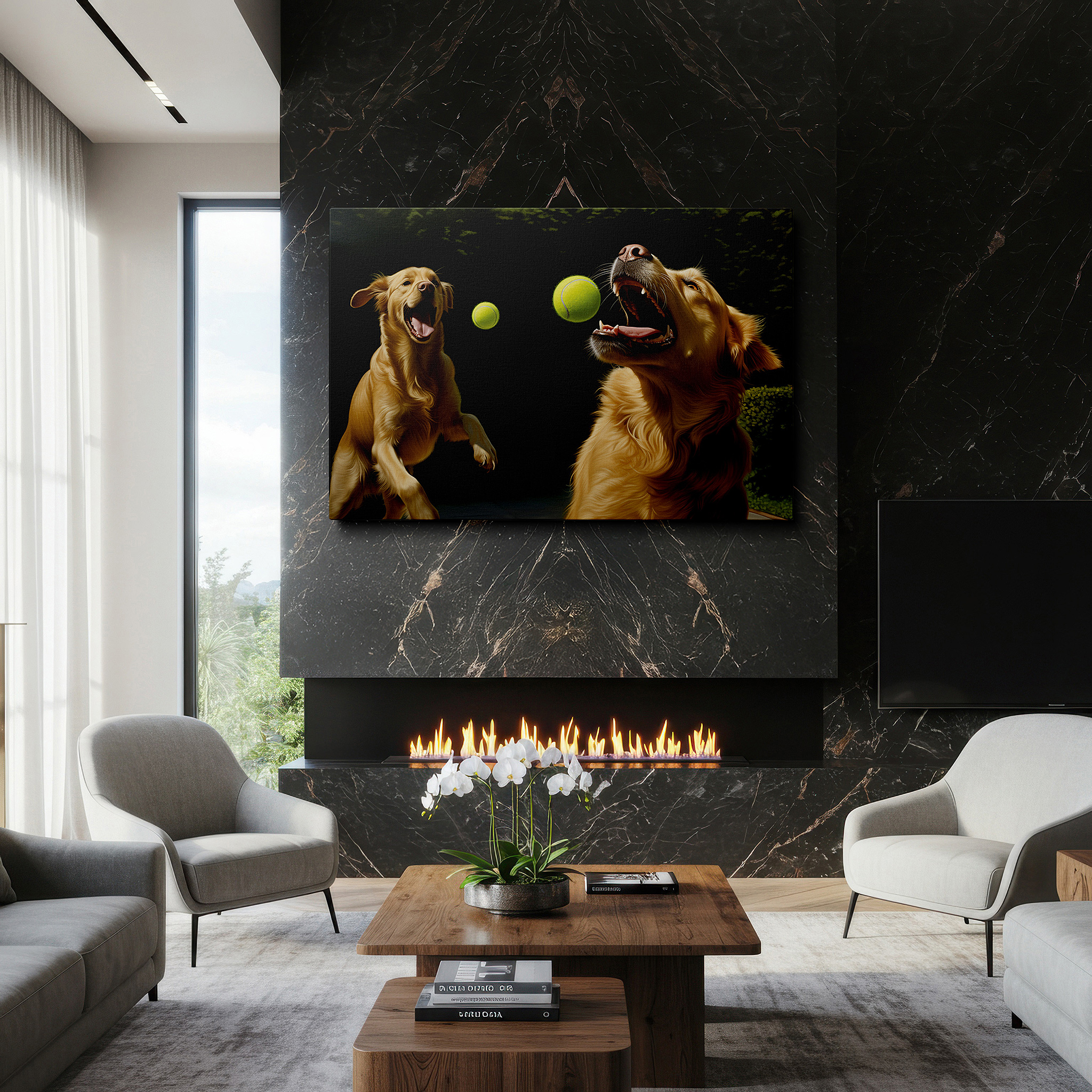 Bathed in morning sunlight streaming through sheer curtains — golden retrievers frolicking in a vibrant green landscape: a lively display of happiness and energy - large wall art, canvas wall art, wall decor for office