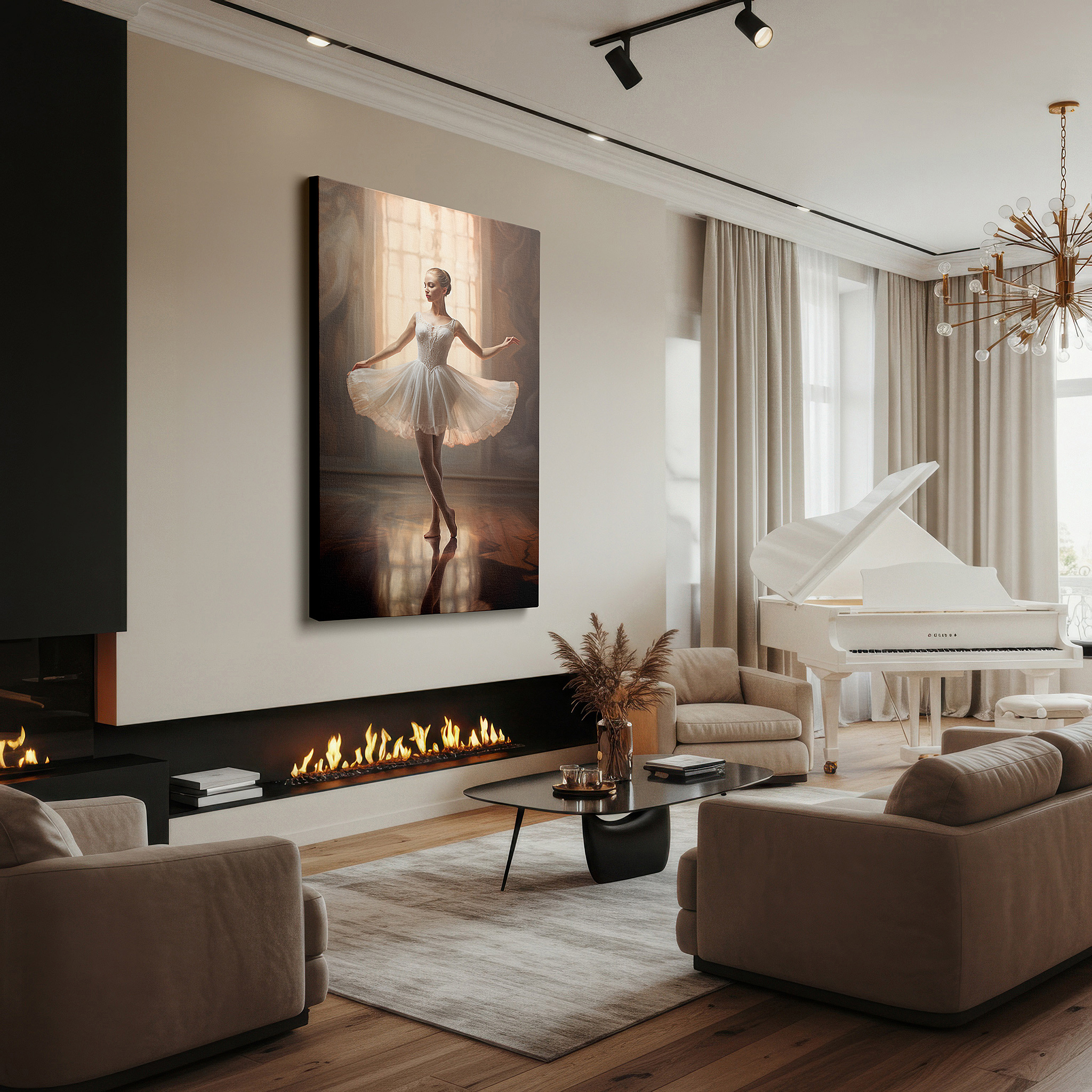Bathed in morning sunlight streaming through sheer curtains — graceful ballerina in twirl wall art: capturing elegance and poise with soft lighting, ideal for home and office decor, available as large canvas art