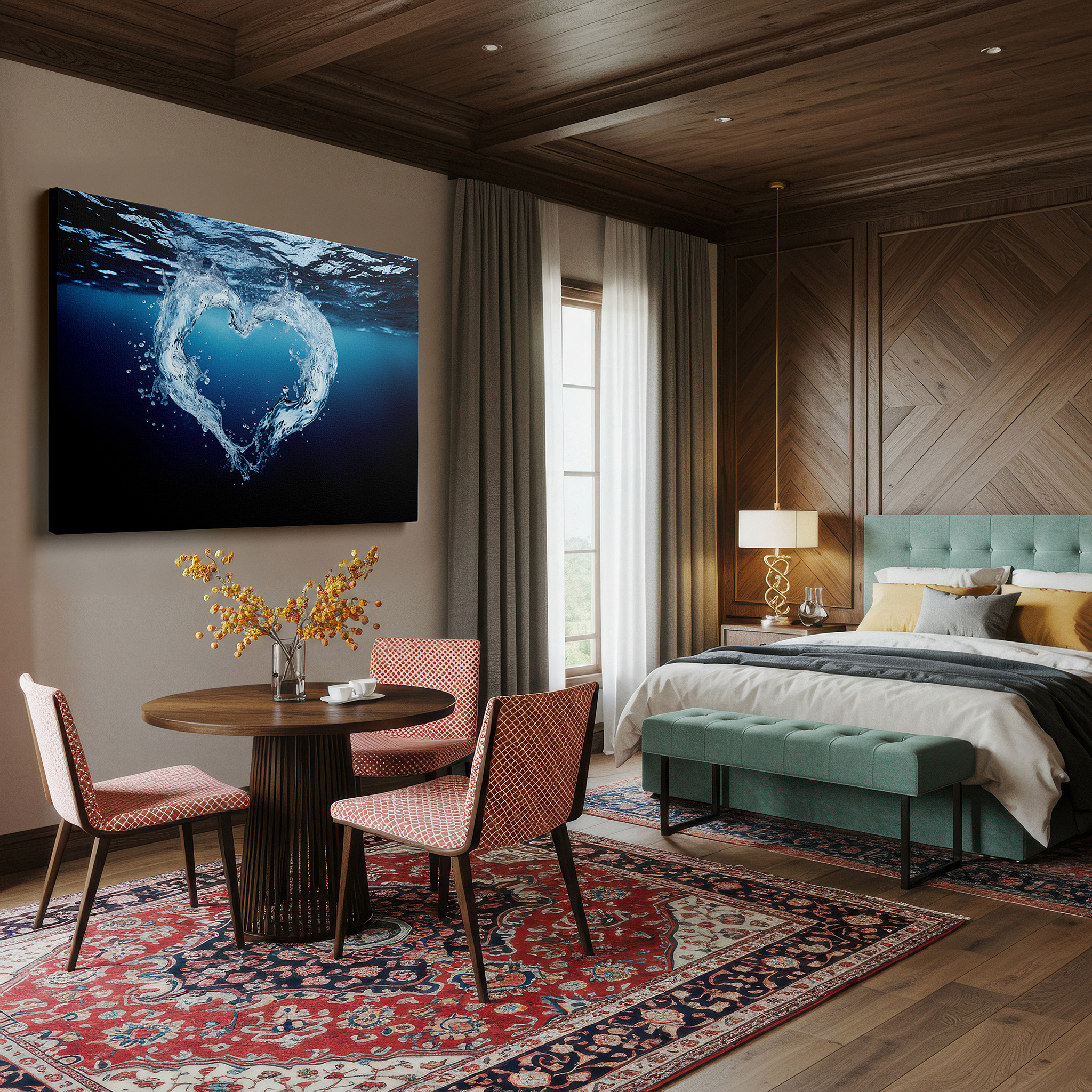 Bathed in morning sunlight streaming through sheer curtains — heart-shaped water splash on serene blue background - large canvas wall art for office and bedroom decor
