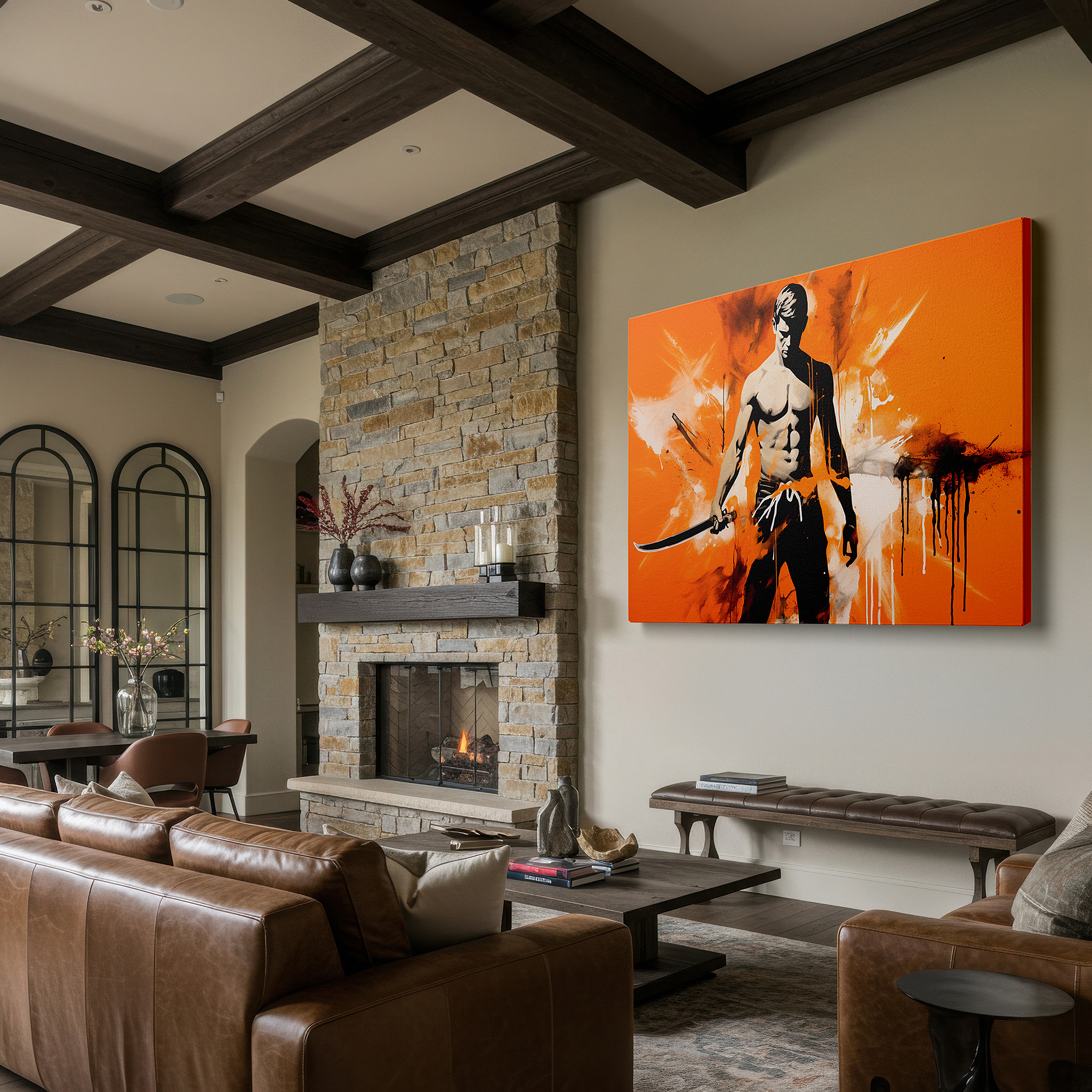 Bathed in morning sunlight streaming through sheer curtains — heroic silhouette set against a fiery orange backdrop, a bold display of determination and strength - large canvas wall art for office decor