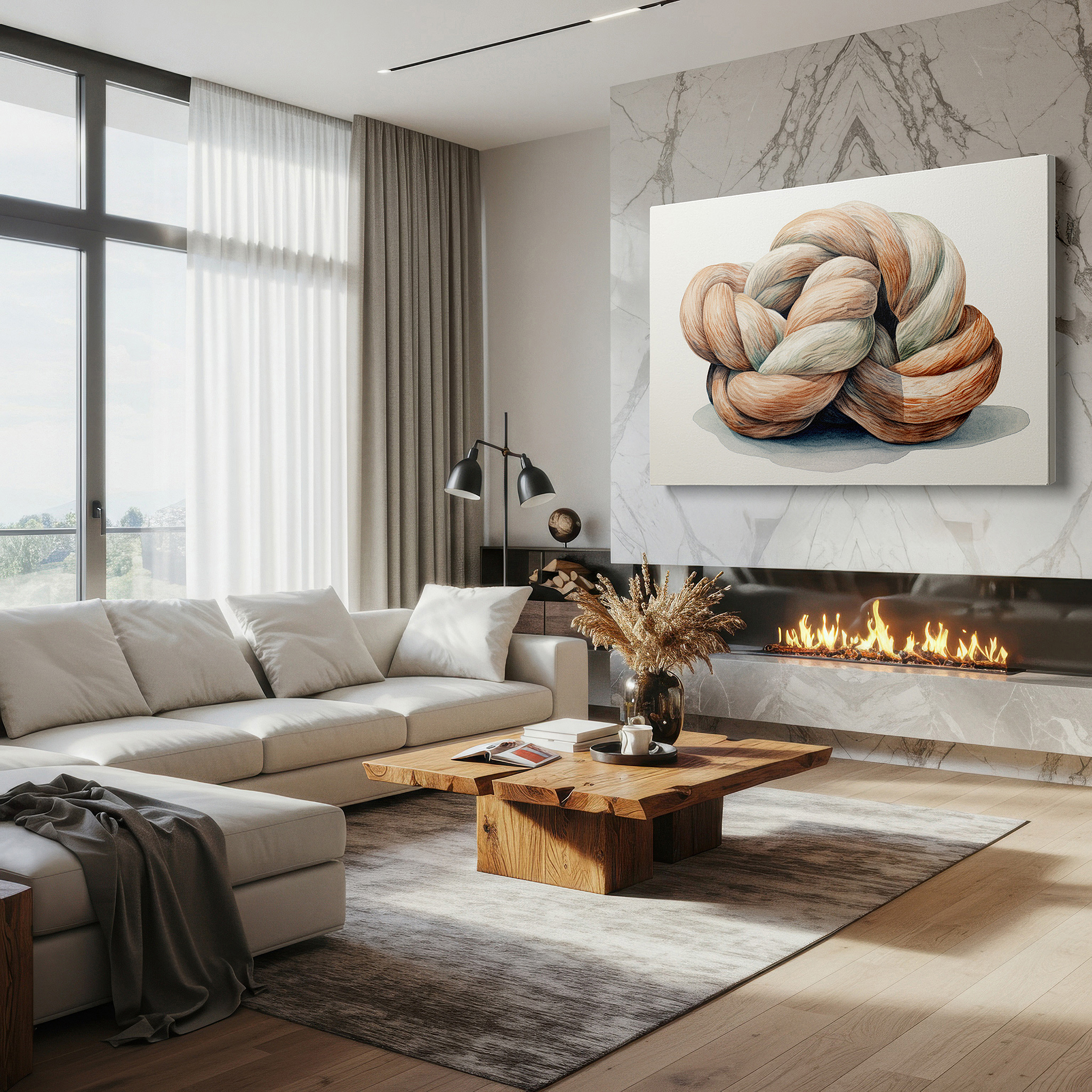 Bathed in morning sunlight streaming through sheer curtains — intricate rope knot canvas art representing life's connections - ideal for office and bedroom wall decor
