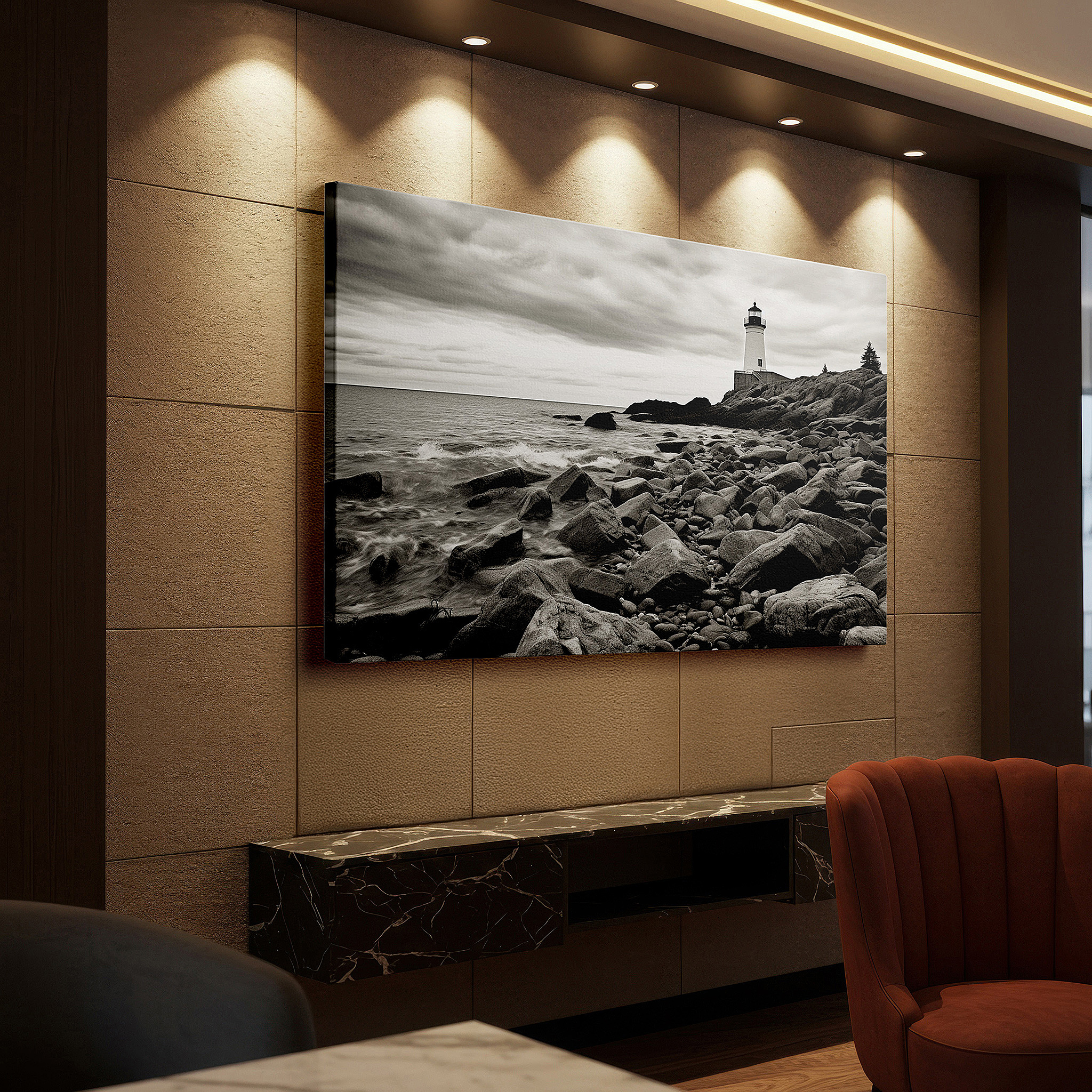 Bathed in morning sunlight streaming through sheer curtains — lighthouse of resilience wall art - a beacon of hope amidst turbulent seas, large canvas wall decor for office and bedroom
