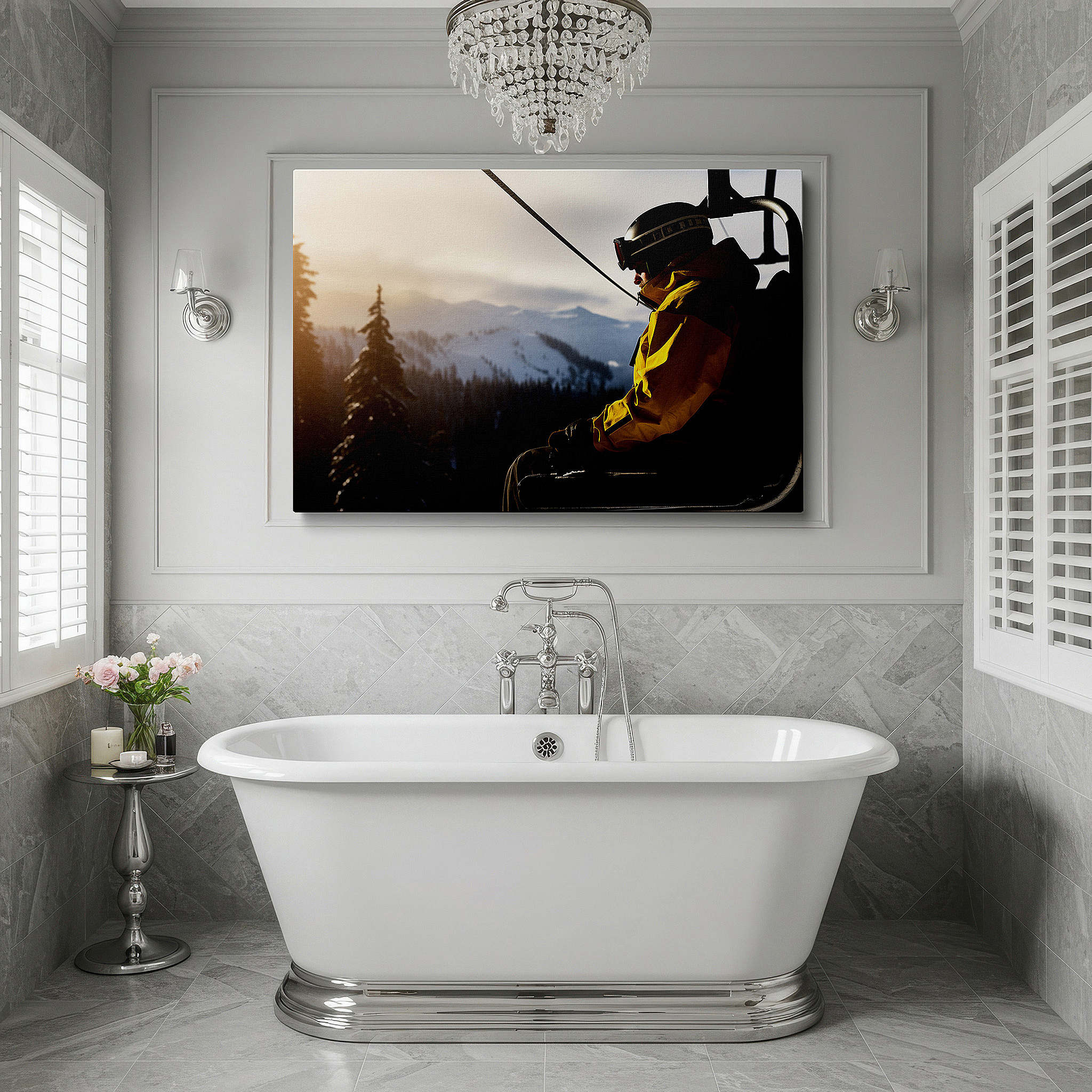 Bathed in morning sunlight streaming through sheer curtains — lone skier ascending in chairlift against snow-capped peaks at dusk - large canvas wall art for office and bedroom decor