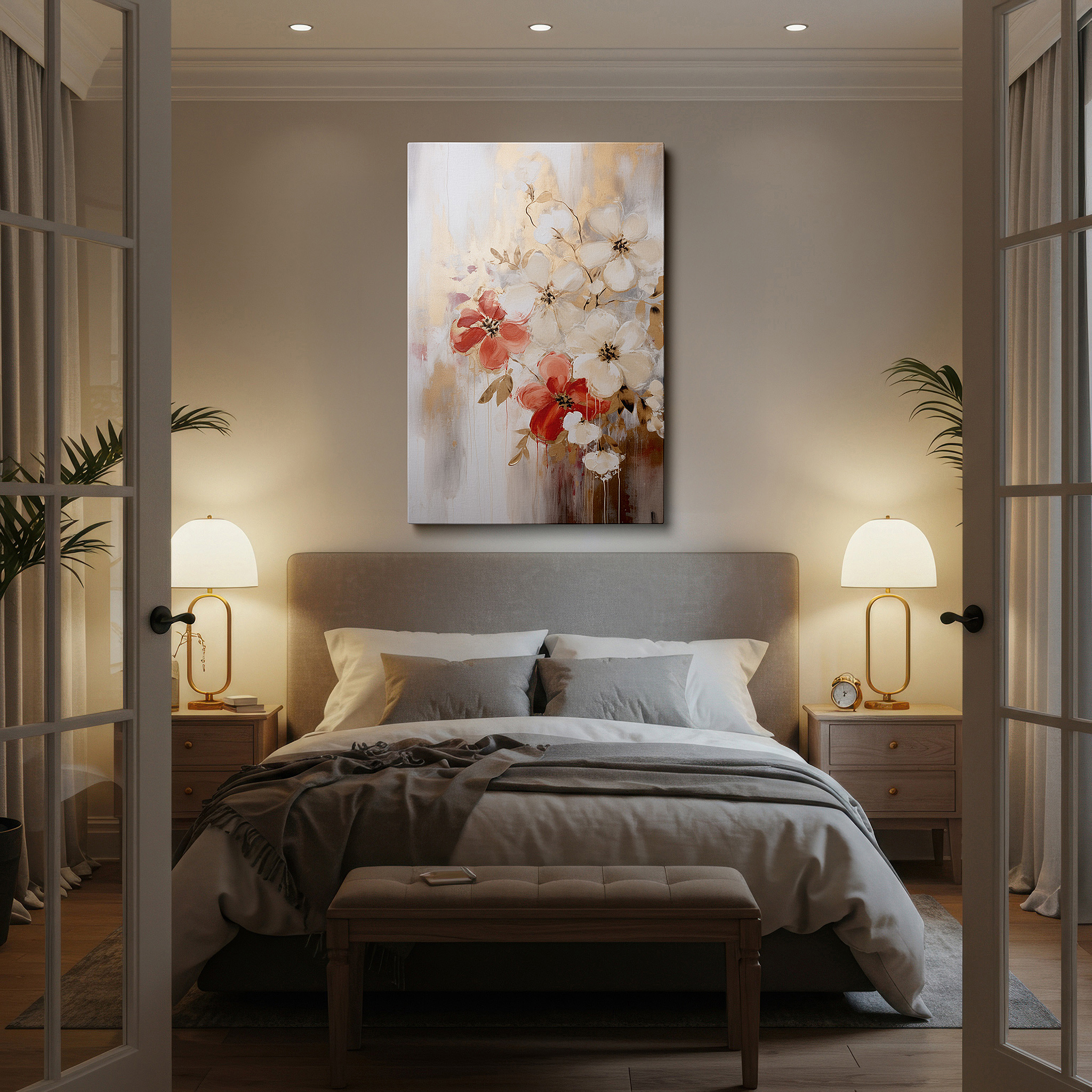 Bathed in morning sunlight streaming through sheer curtains — luxurious bouquet featuring golden highlights, serene mix of soft roses and delicate daisies, large canvas wall art for home and office decor