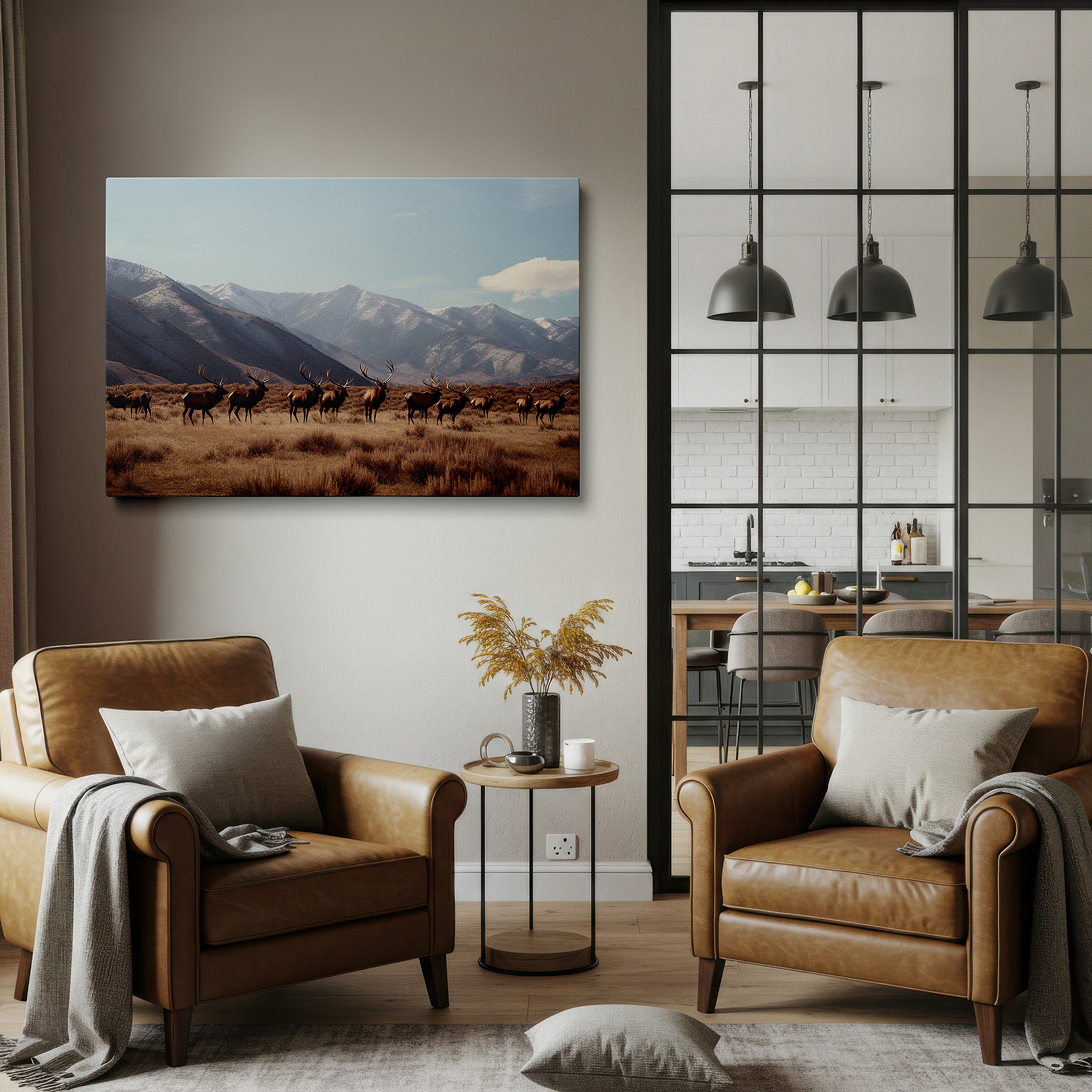 Bathed in morning sunlight streaming through sheer curtains — majestic elk herd grazing in serene mountain landscape - large canvas wall art for office, bedroom, and living room decor