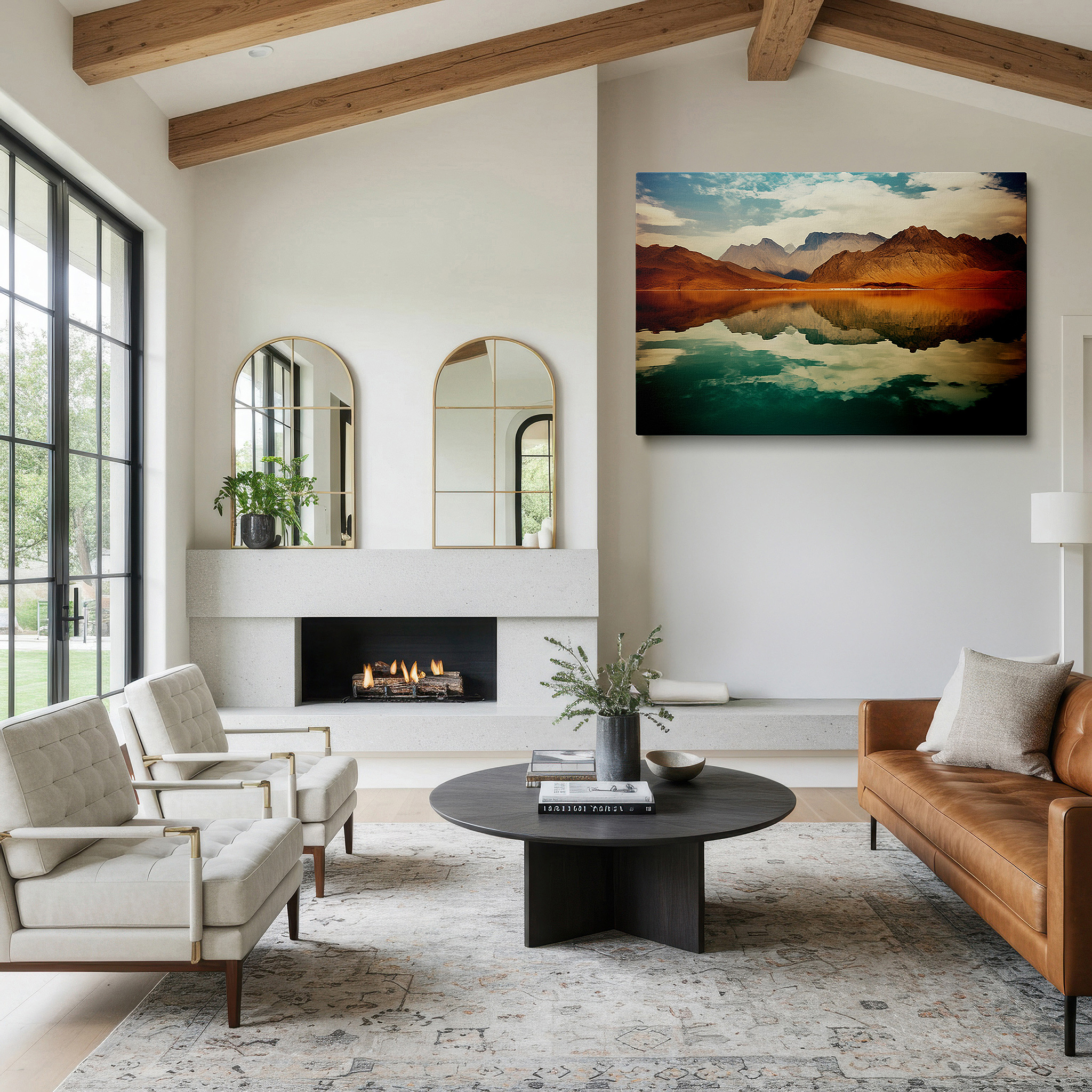 Bathed in morning sunlight streaming through sheer curtains — majestic mountains and serene waters: celebrating nature's splendor - large wall art, canvas wall art, wall decor for offices and bedrooms