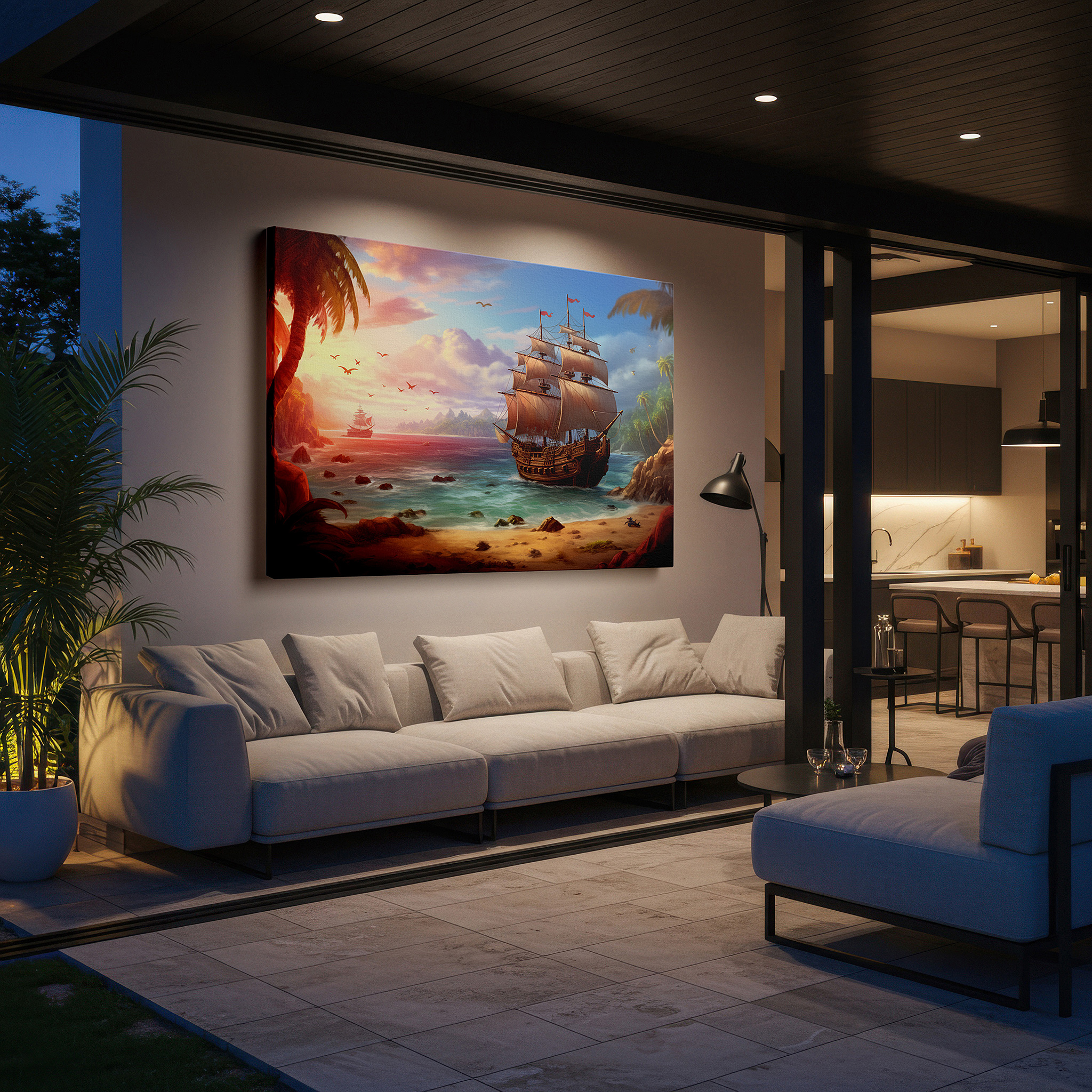 Bathed in morning sunlight streaming through sheer curtains — majestic sailing ship at sunset canvas print, navigating tropical waters under golden skies, large wall decor for office and bedroom