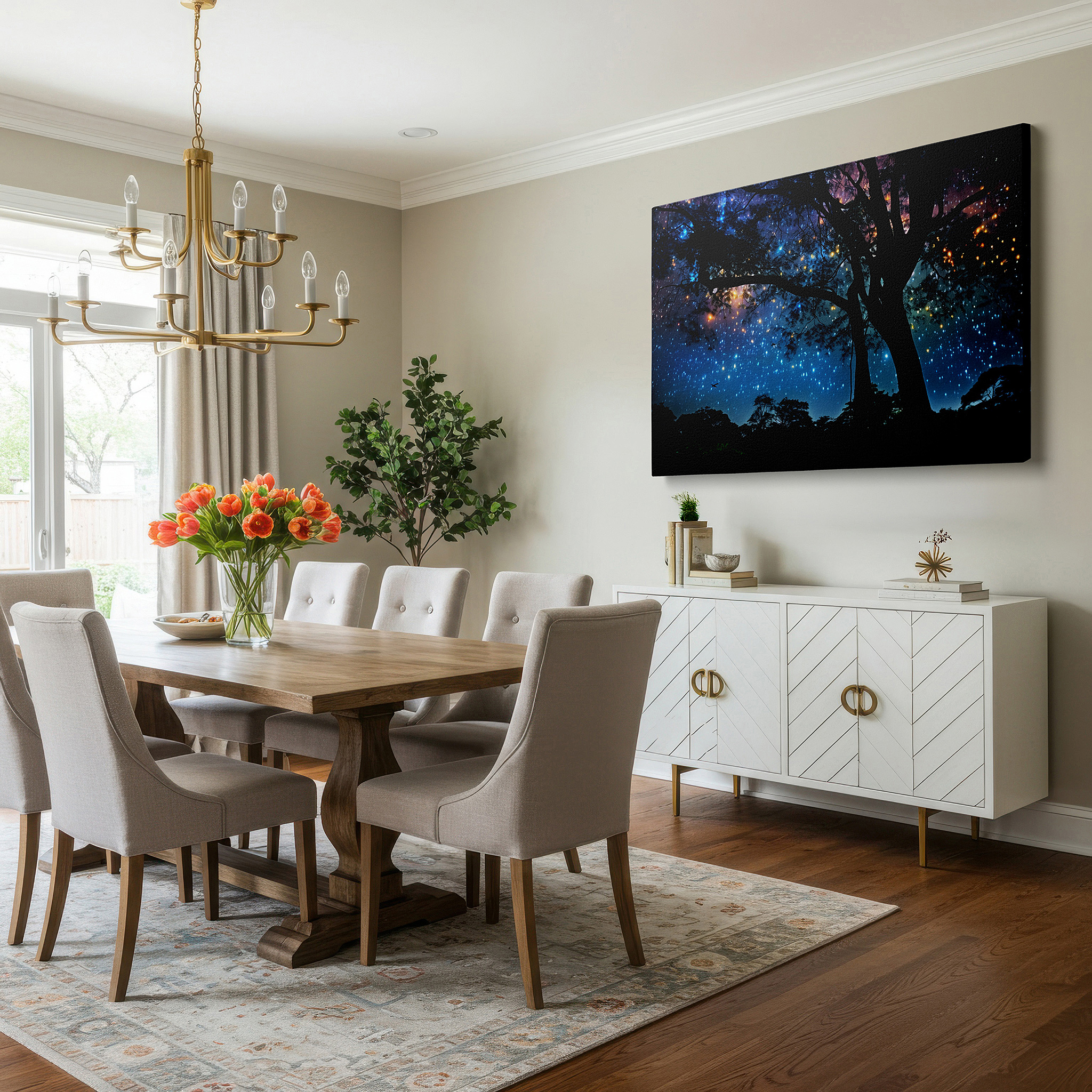 Bathed in morning sunlight streaming through sheer curtains — majestic tree silhouette against a starry sky: a gateway to the infinite cosmos - large canvas wall art for home and office decor