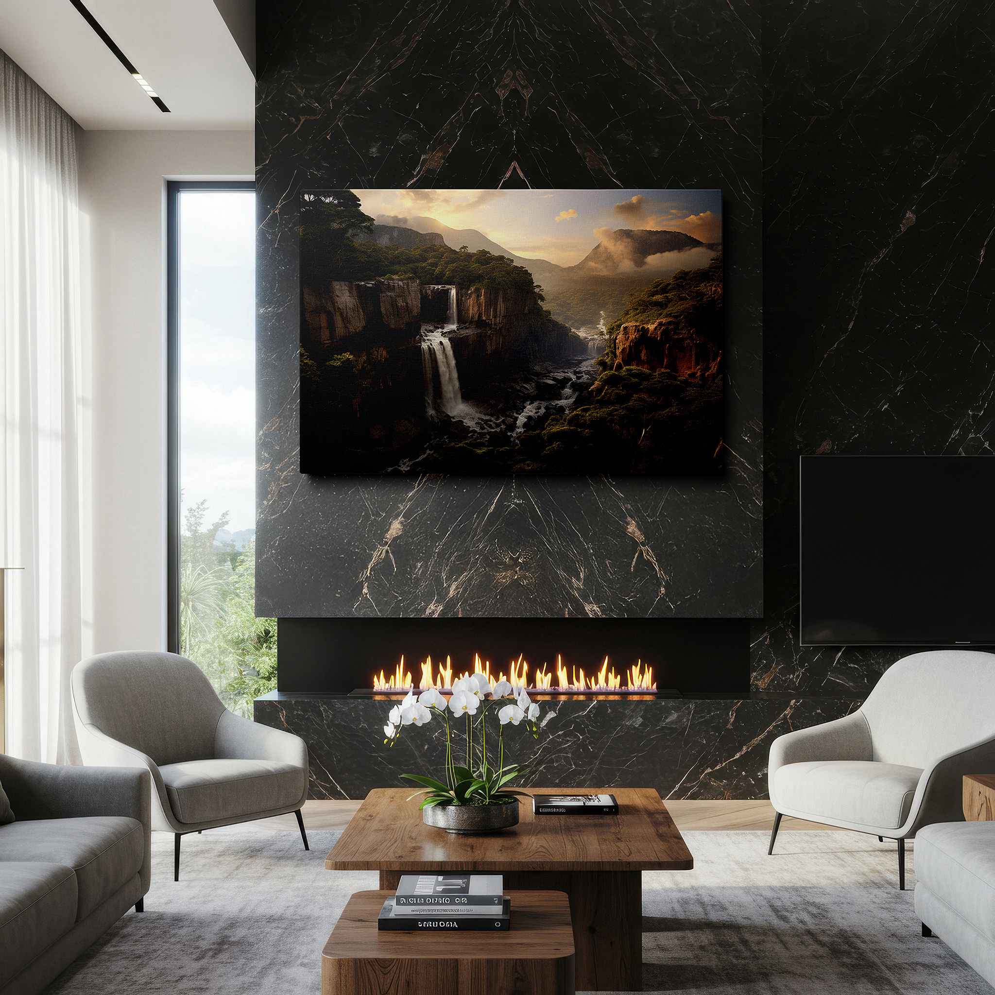 Bathed in morning sunlight streaming through sheer curtains — majestic waterfall flowing through verdant jungle, serene pool beneath, large canvas wall art, wall decor for office and bedroom
