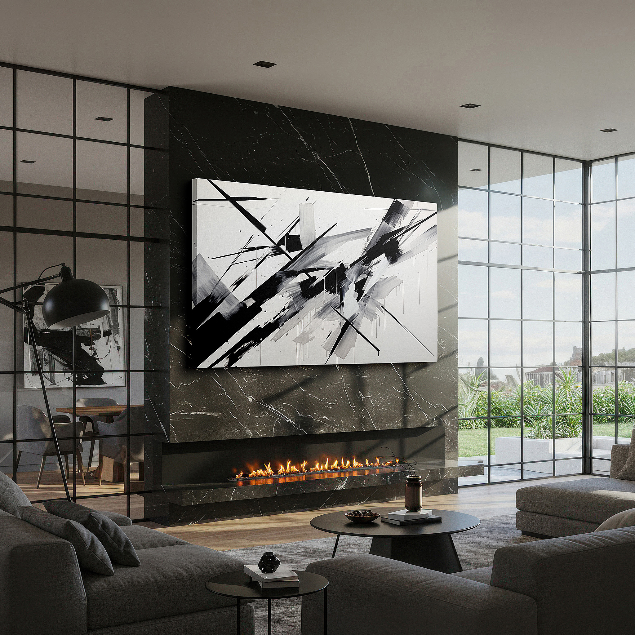 Bathed in morning sunlight streaming through sheer curtains — modern black and white abstract canvas art: a play of light and shadow for contemporary spaces, large wall decor