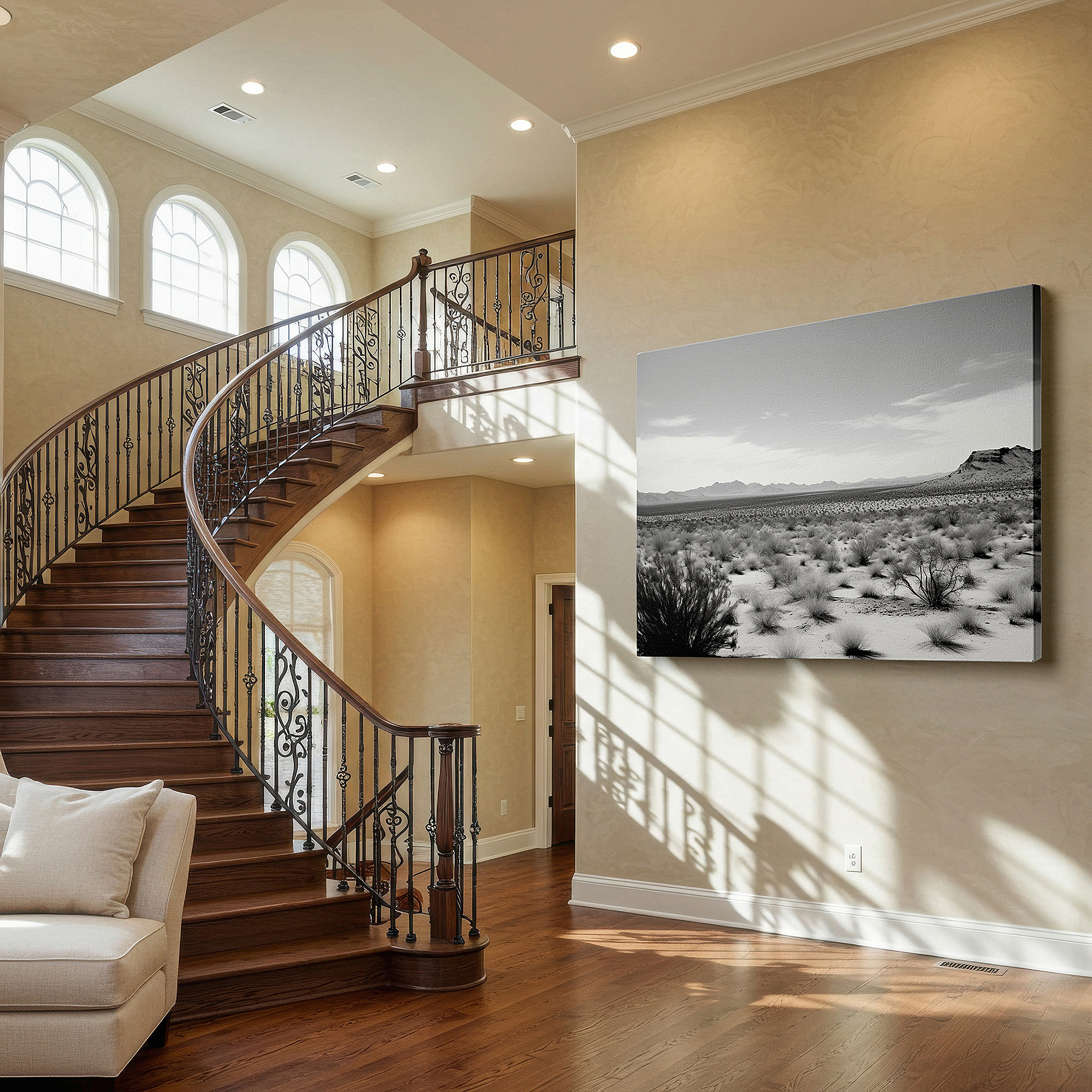 Bathed in morning sunlight streaming through sheer curtains — monochrome serene desert dunes, tranquil nature scene with dynamic light and shadow, large wall art, canvas wall art, wall decor