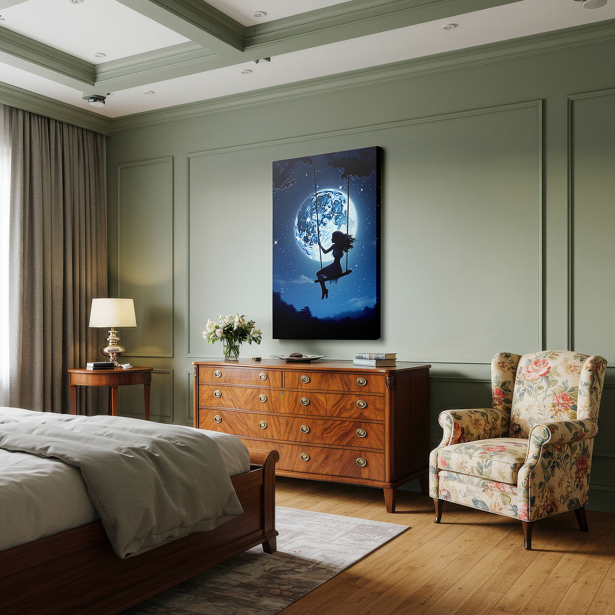 Bathed in morning sunlight streaming through sheer curtains — moonlit swing wall art: a celestial dance of childhood joy and cosmic tranquility - large canvas for home and office decor