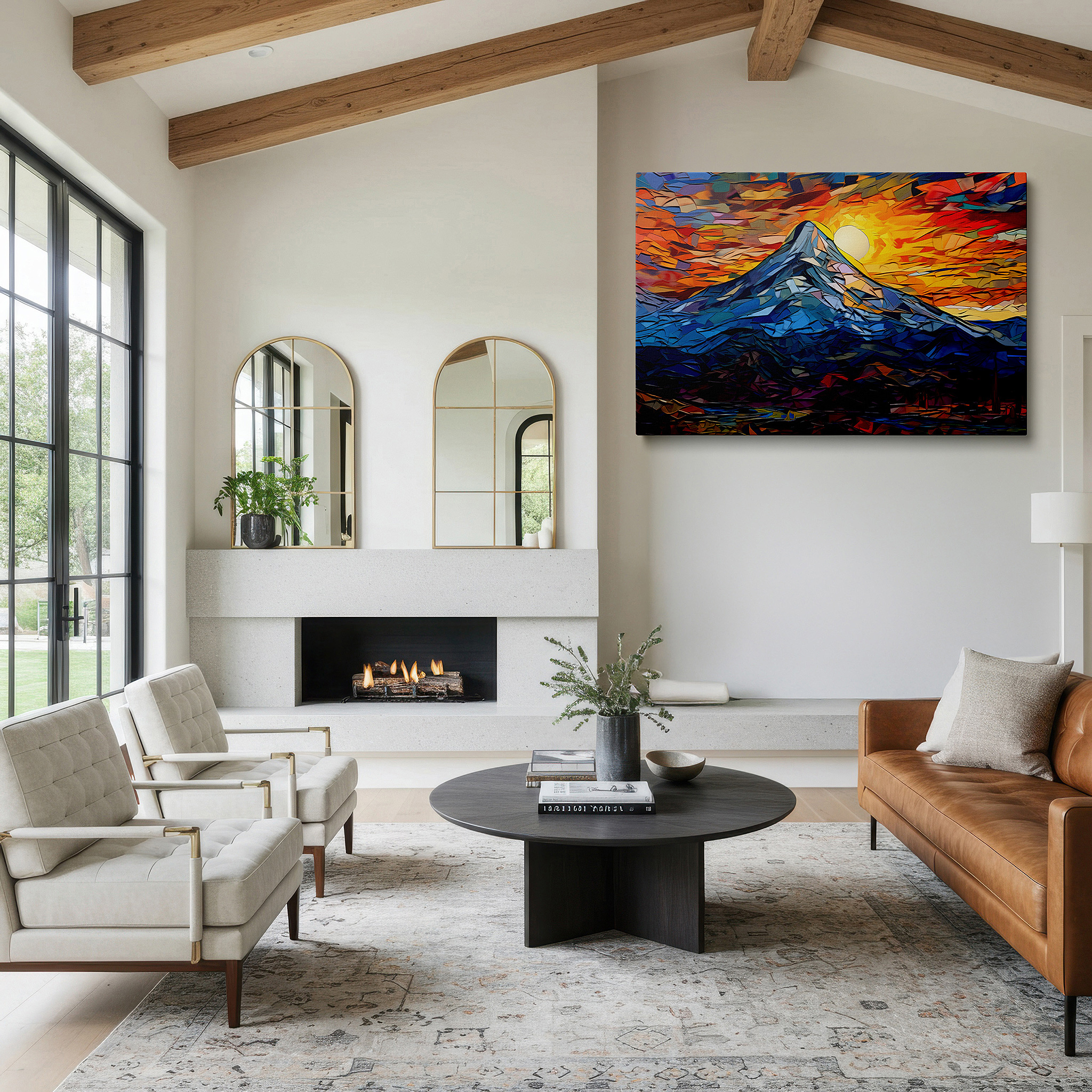 Bathed in morning sunlight streaming through sheer curtains — mountain sunset panorama, nature's splendor and serenity large wall art, canvas wall decor for office and bedroom