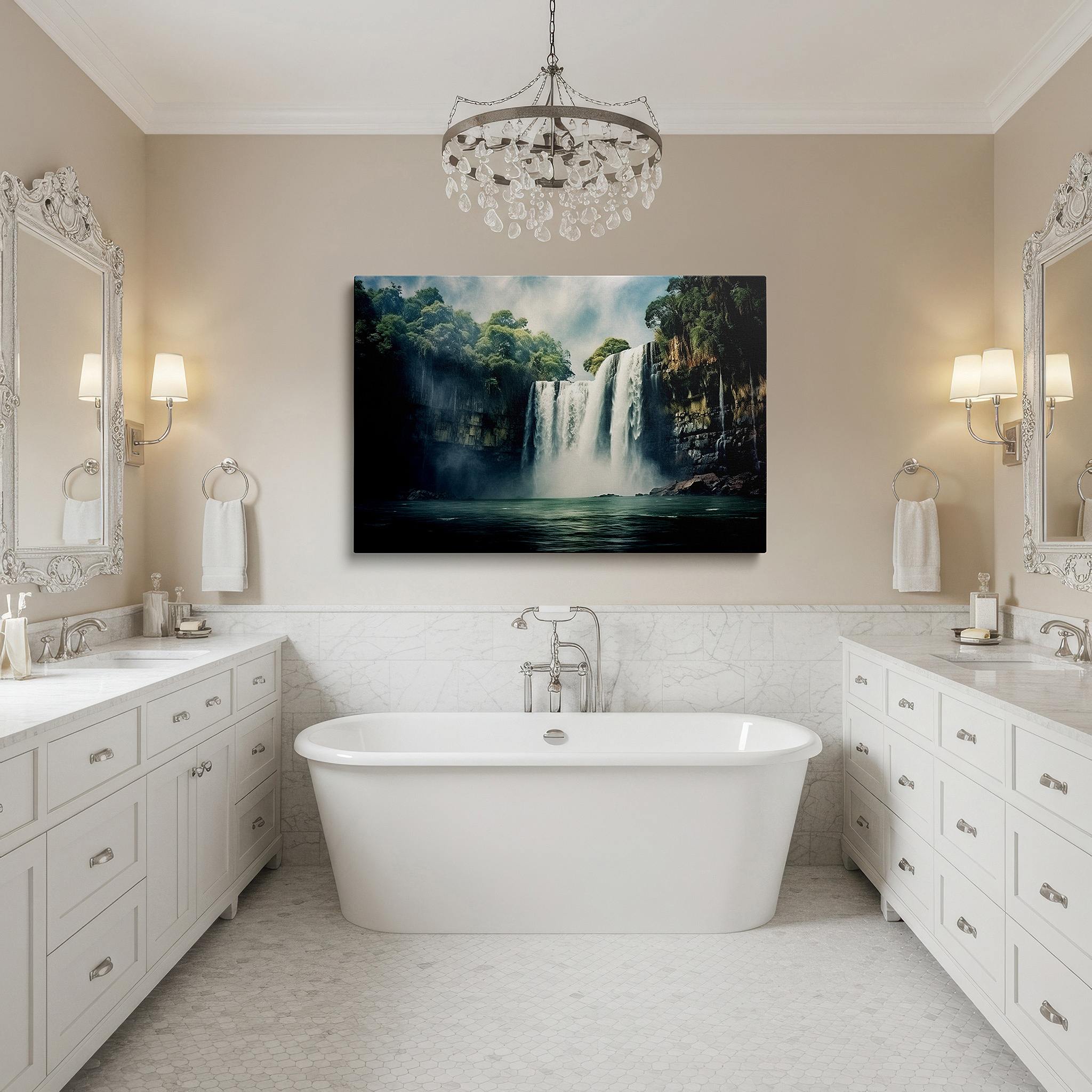 Bathed in morning sunlight streaming through sheer curtains — mystical waterfall in mist - serene nature sanctuary timeless beauty large wall art, canvas wall art, wall decor for office and bedroom