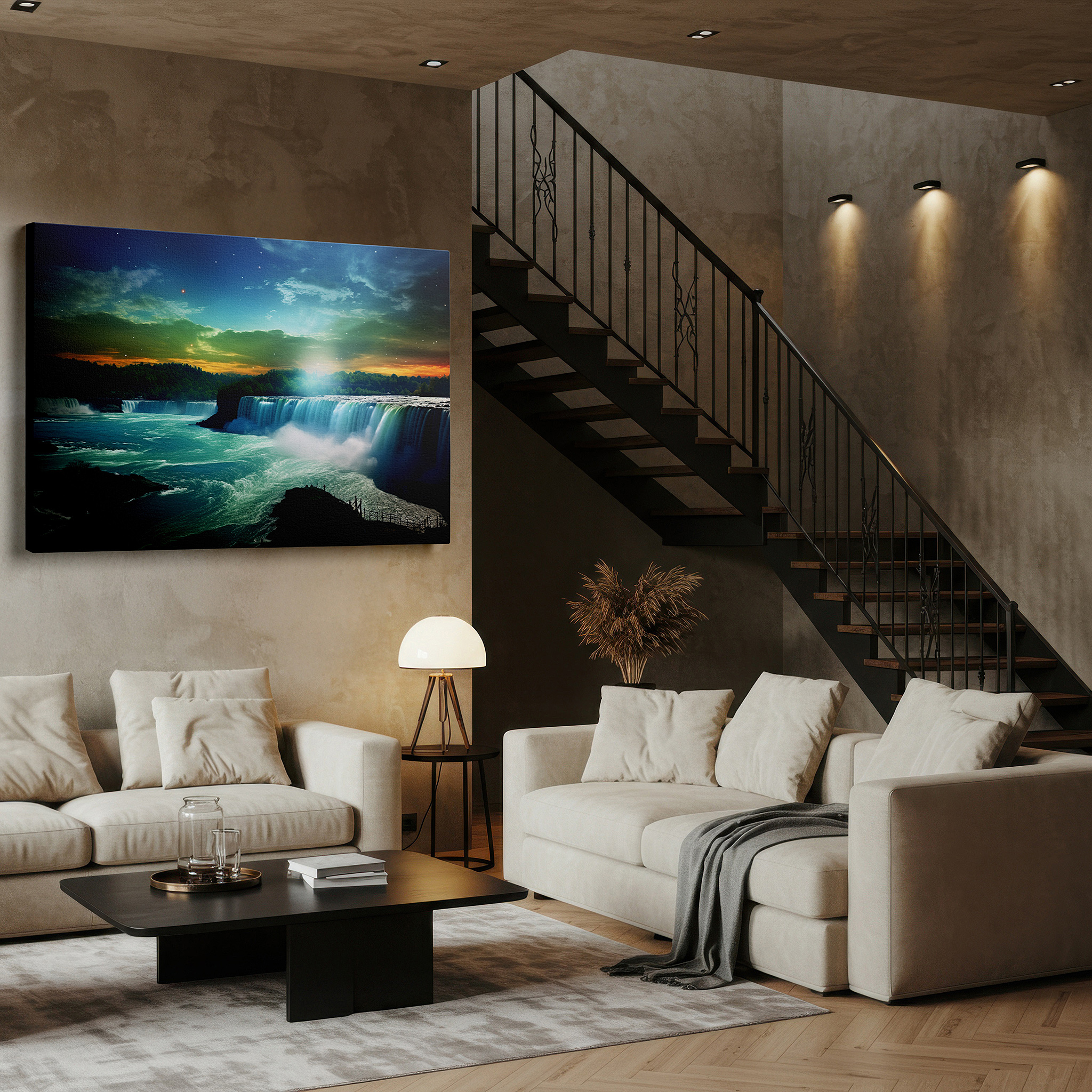 Bathed in morning sunlight streaming through sheer curtains — niagara falls at dawn: a stunning exhibition of waterfalls and radiant skies - large canvas wall art for home and office decor