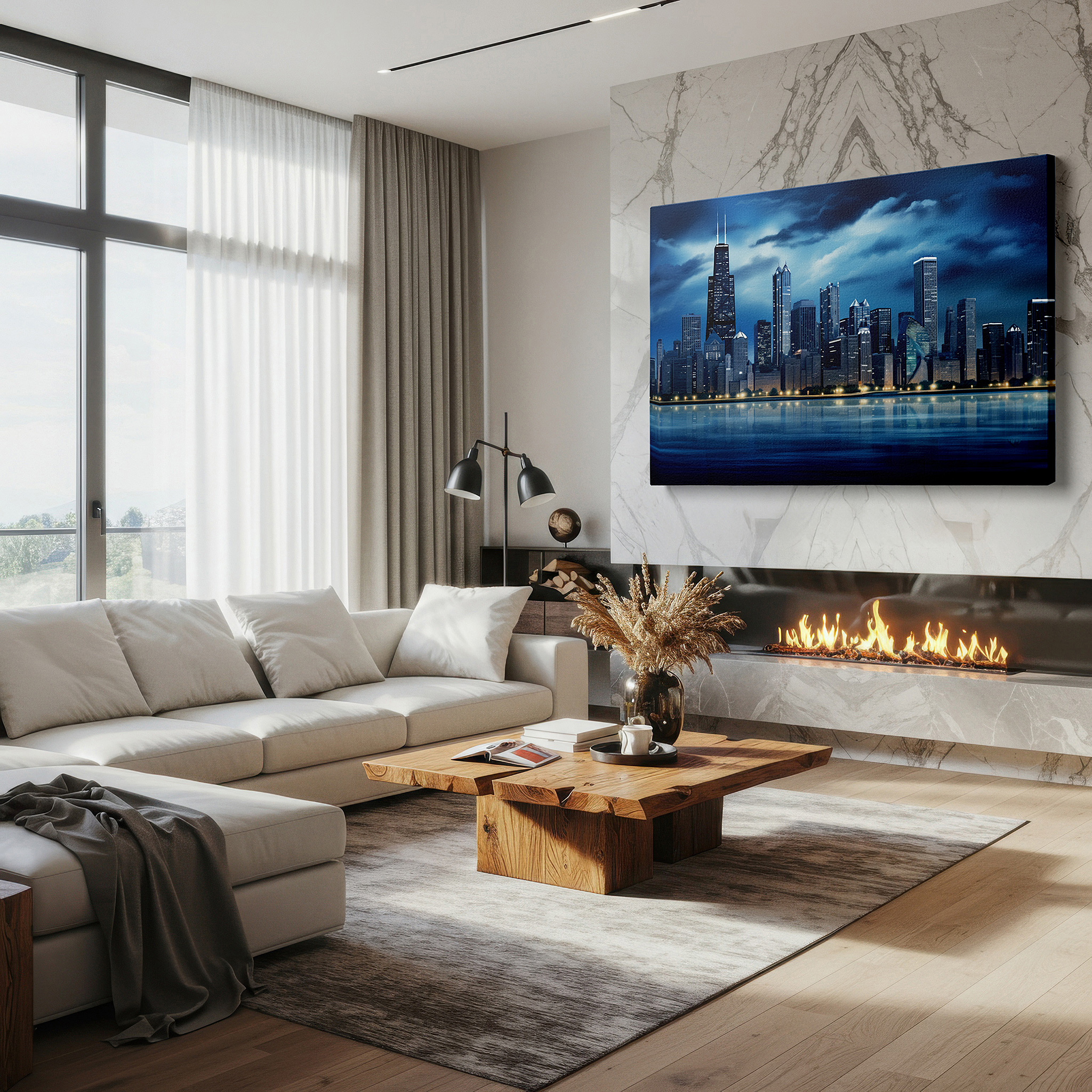 Bathed in morning sunlight streaming through sheer curtains — nighttime city skyline - modern urban light and reflection tapestry, large canvas wall art for office and bedroom decor