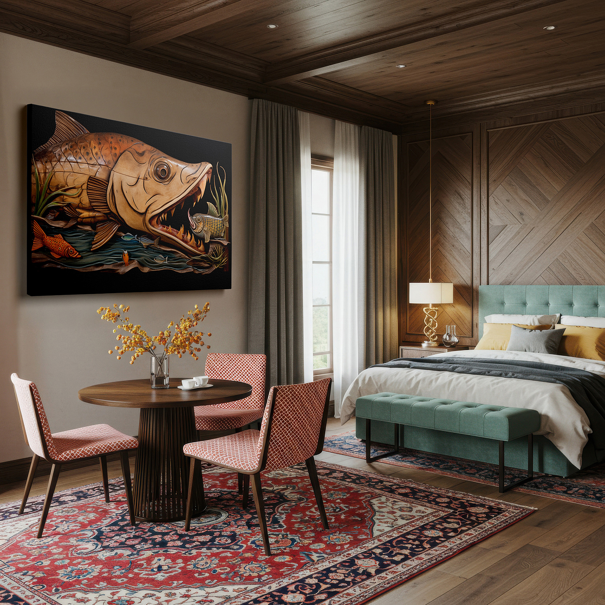 Bathed in morning sunlight streaming through sheer curtains — ocean majesty: encounter marine life and predatory fish in a dynamic seascape - large canvas wall art decor