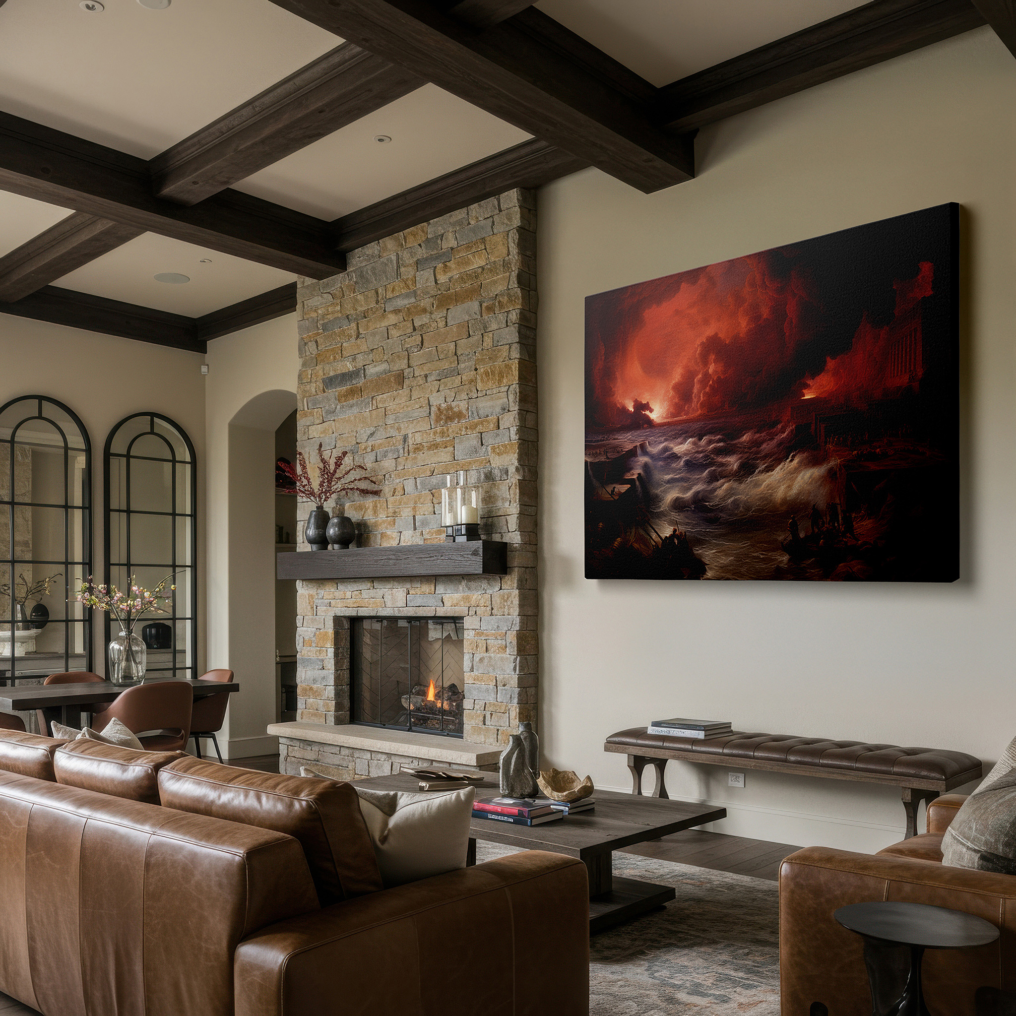 Bathed in morning sunlight streaming through sheer curtains — ocean's fury and fire's blaze elemental clash: ancient ruins large wall art, canvas wall art, wall decor for office and bedroom