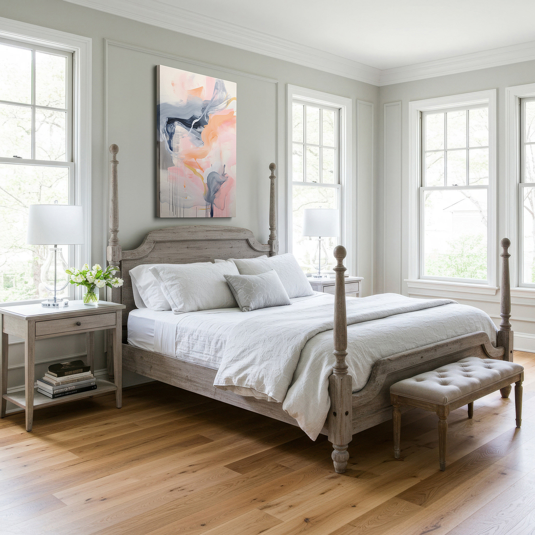 Bathed in morning sunlight streaming through sheer curtains — pastel serenity symphony: dreamy pinks, blues, and grays - calming and inspiring large wall art, canvas decor for office walls