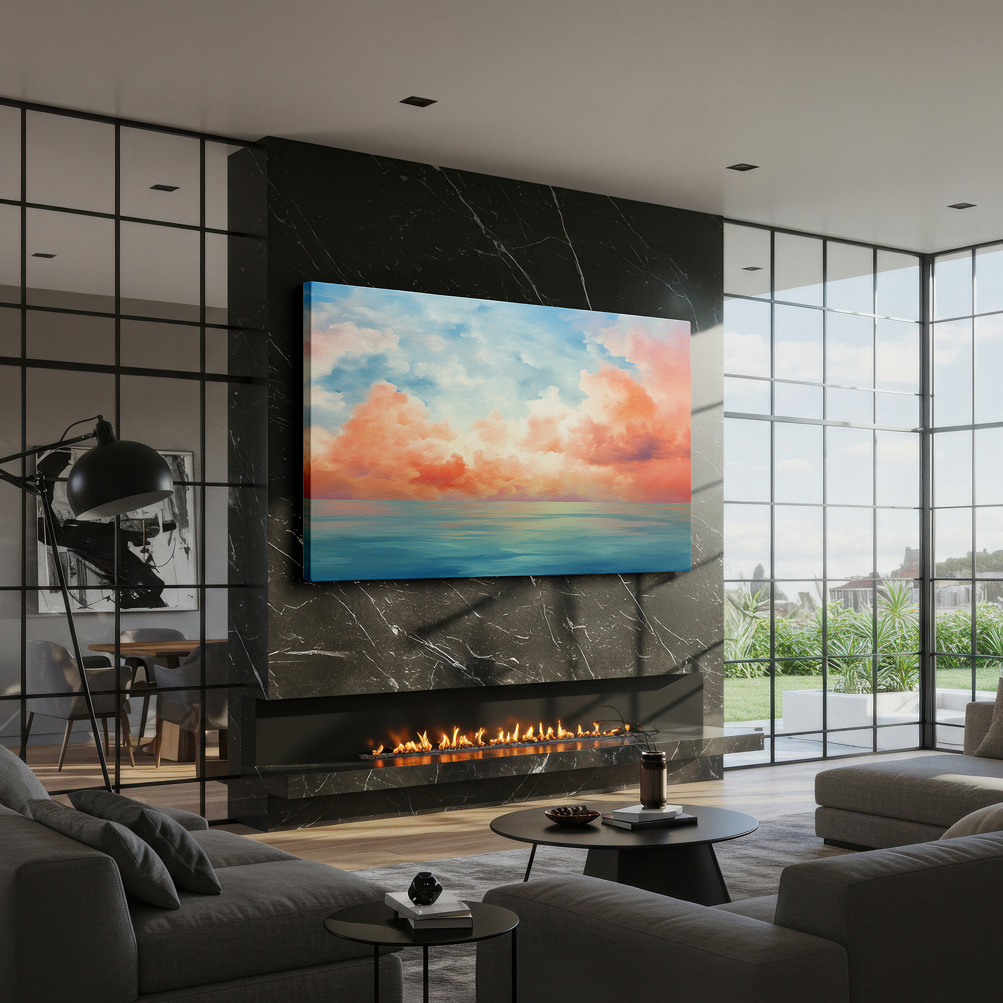 Bathed in morning sunlight streaming through sheer curtains — pastel tones of serene sky and water, perfect for tranquil reflection and calm - large wall art, canvas wall art, wall decor for office and bedroom