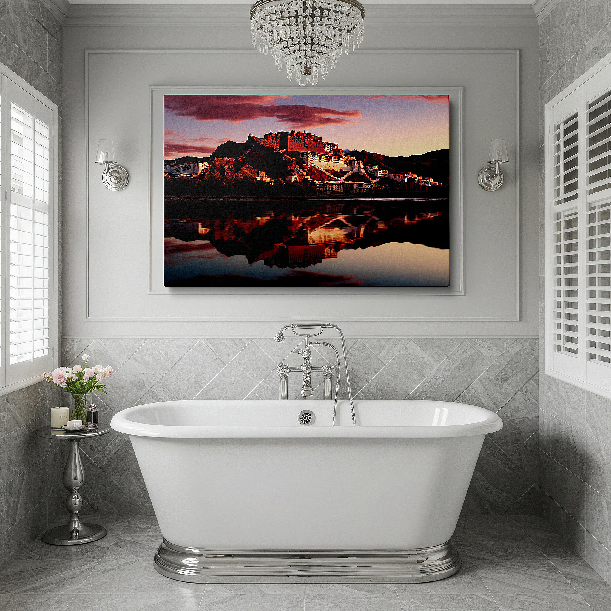 Bathed in morning sunlight streaming through sheer curtains — potala palace twilight majesty: large canvas wall art reflecting tibetan culture for office and bedroom decor