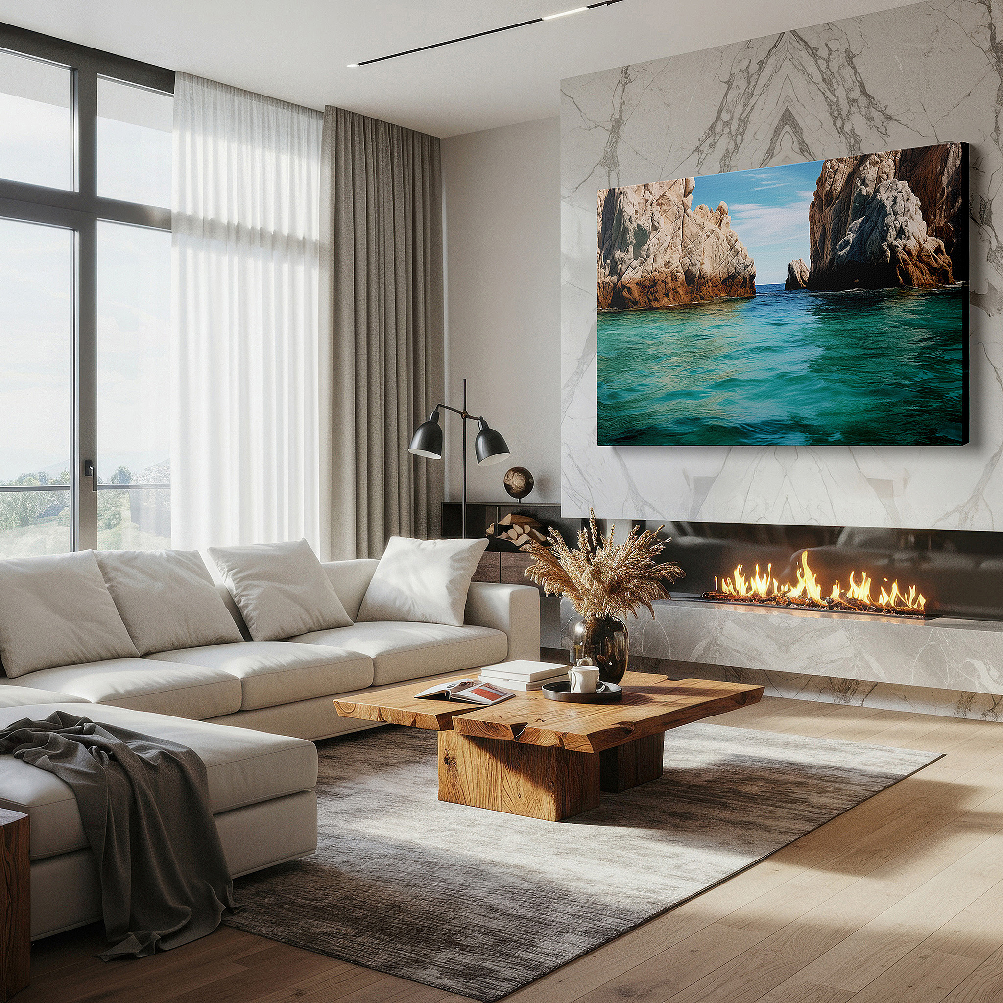 Bathed in morning sunlight streaming through sheer curtains — rugged cliffs and turquoise sea - a serene nature landscape large wall art, canvas wall art, wall decor for office and bedroom