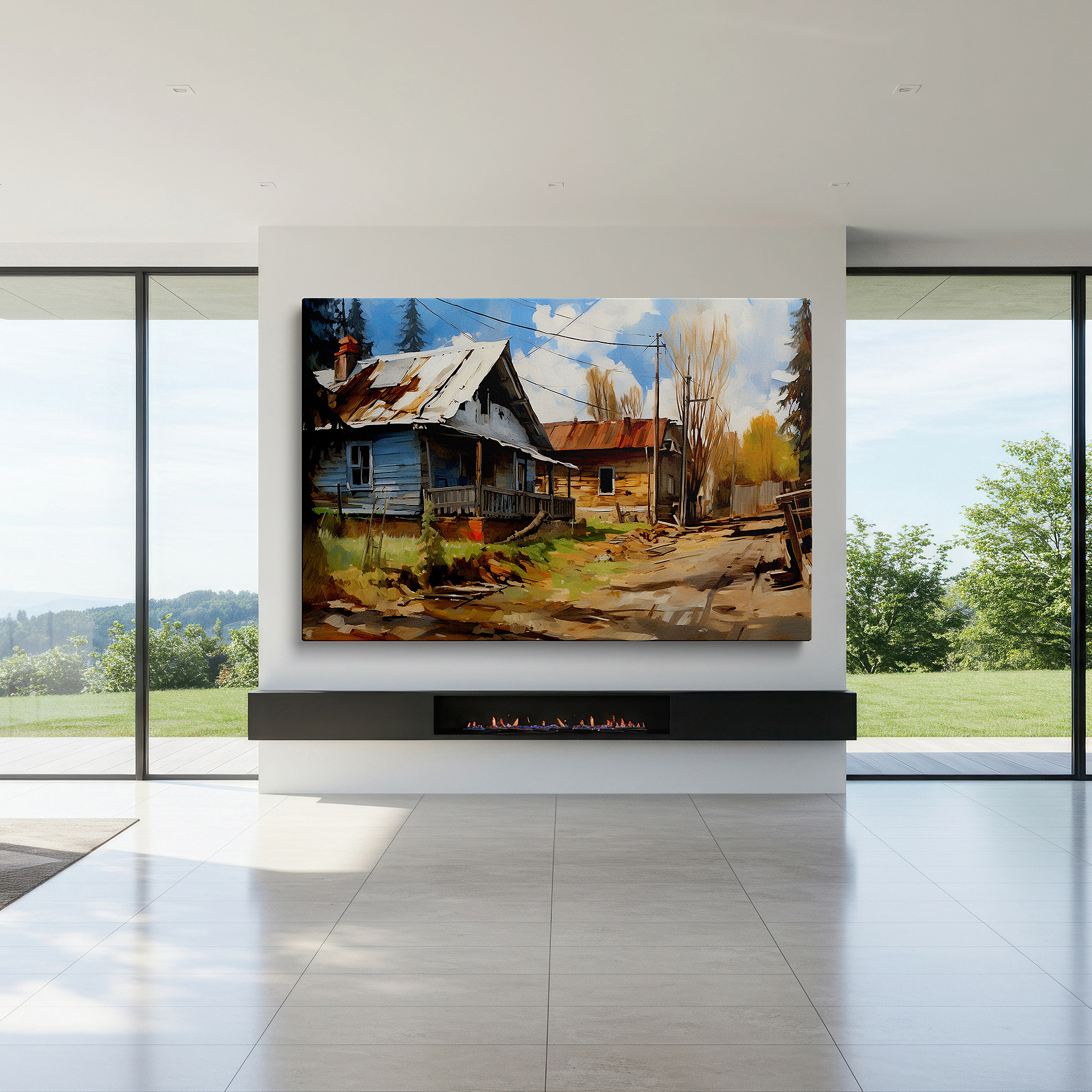 Bathed in morning sunlight streaming through sheer curtains — rustic cabin wall art: serene countryside escape amidst lush greenery - perfect for office, living room, or bedroom decor